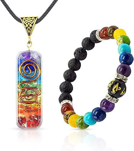 7 Chakra Necklace - Chakra Jewelry Set for Men Women - Essential Oil Diffuser Lava Bead Chakra Bracelet for Balance & Protection - Orgone Pendant