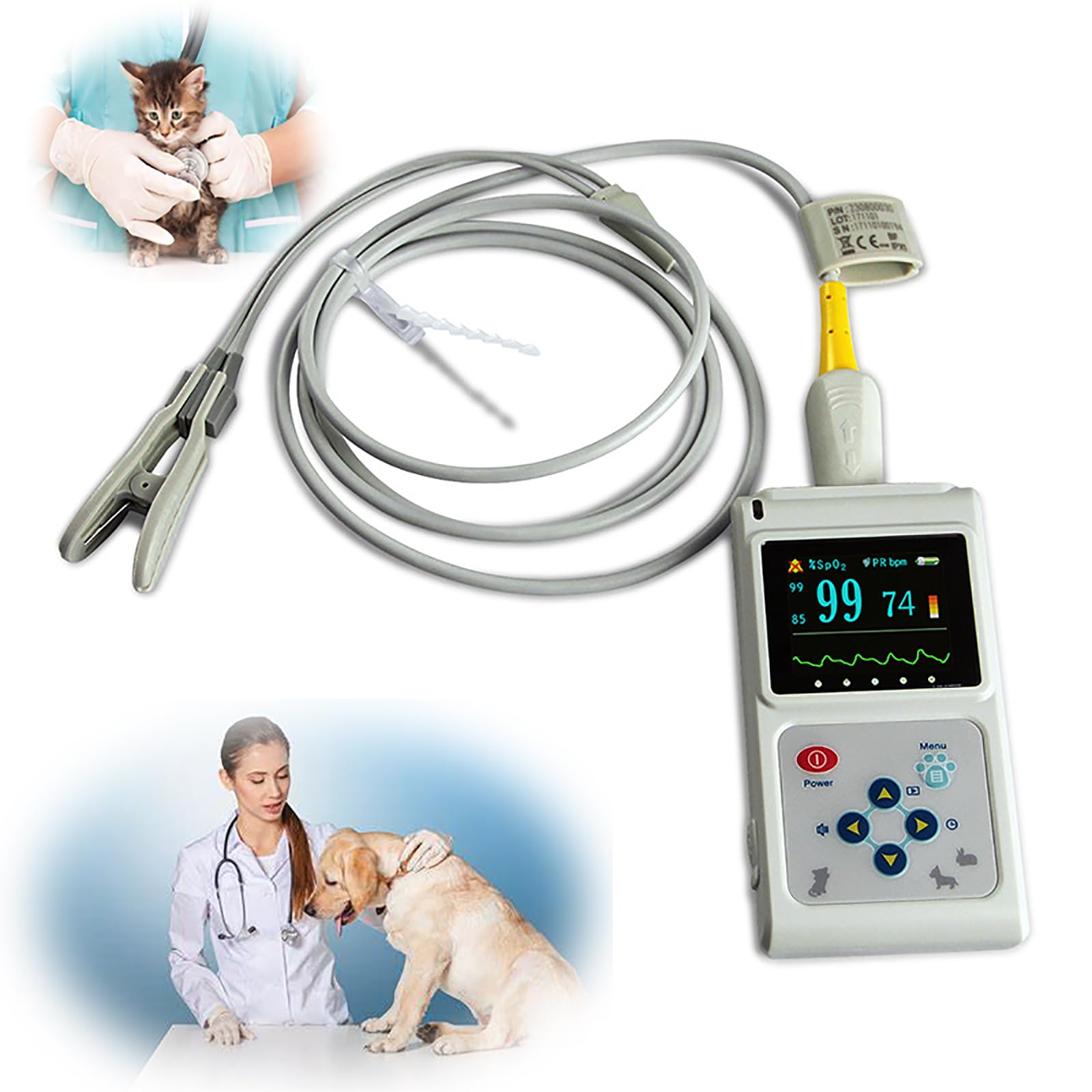 Oxymètre de pouls vétérinaire portable, capteur SPO2 oreille/langue, moniteur de fréquence cardiaque pour animaux avec sonde et câble USB, pour chien, chat, animaux domestiques