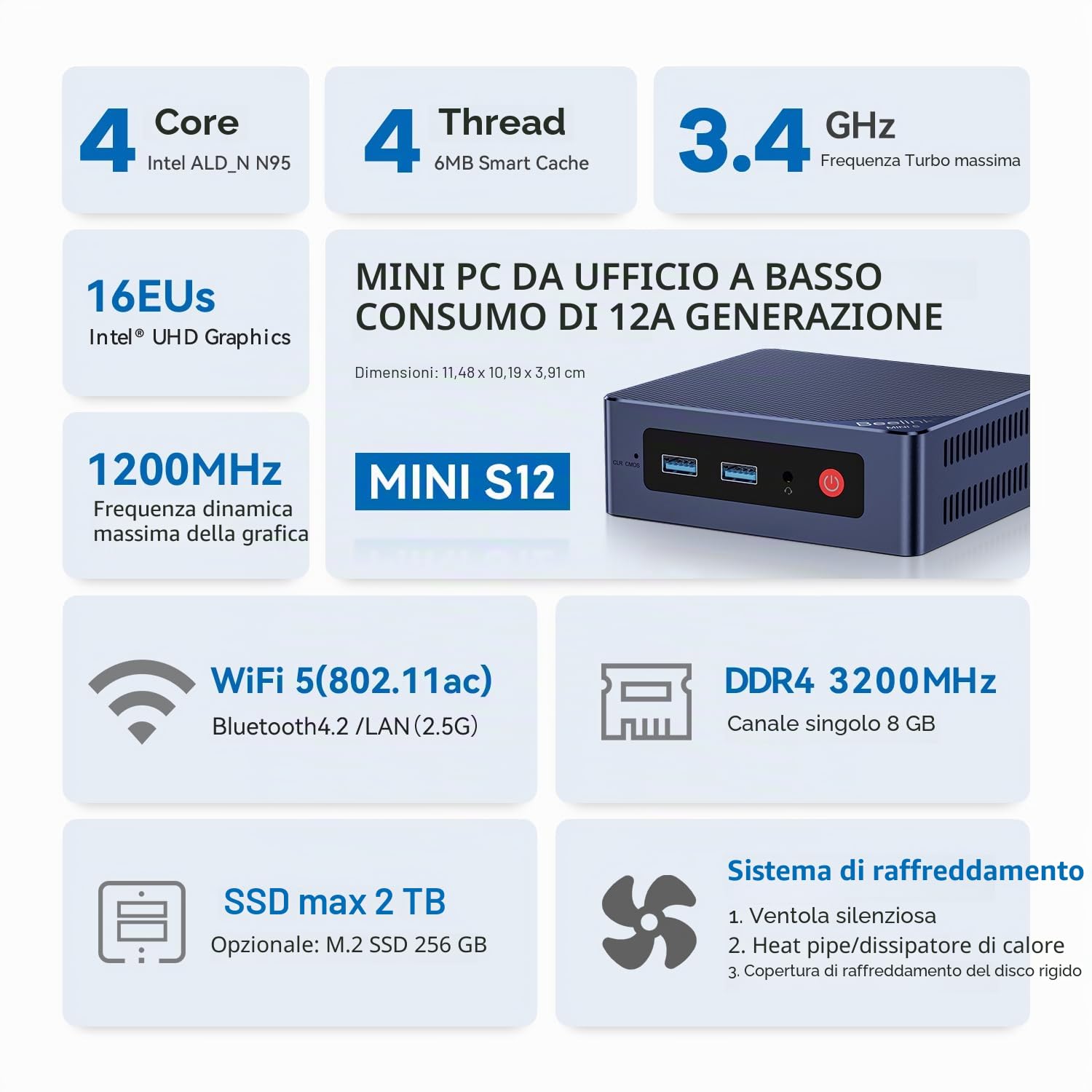 Beelink Mini PC 12th Alder Lake N95 processore (Turbo 3,4 GHz), mini computer 8GB RAM DDR4 3200 MHz SSD 256 GB, compatibile due schermi 4K indipendenti, Wi-Fi 5/BT 4.2/ Ethernet 2.5G