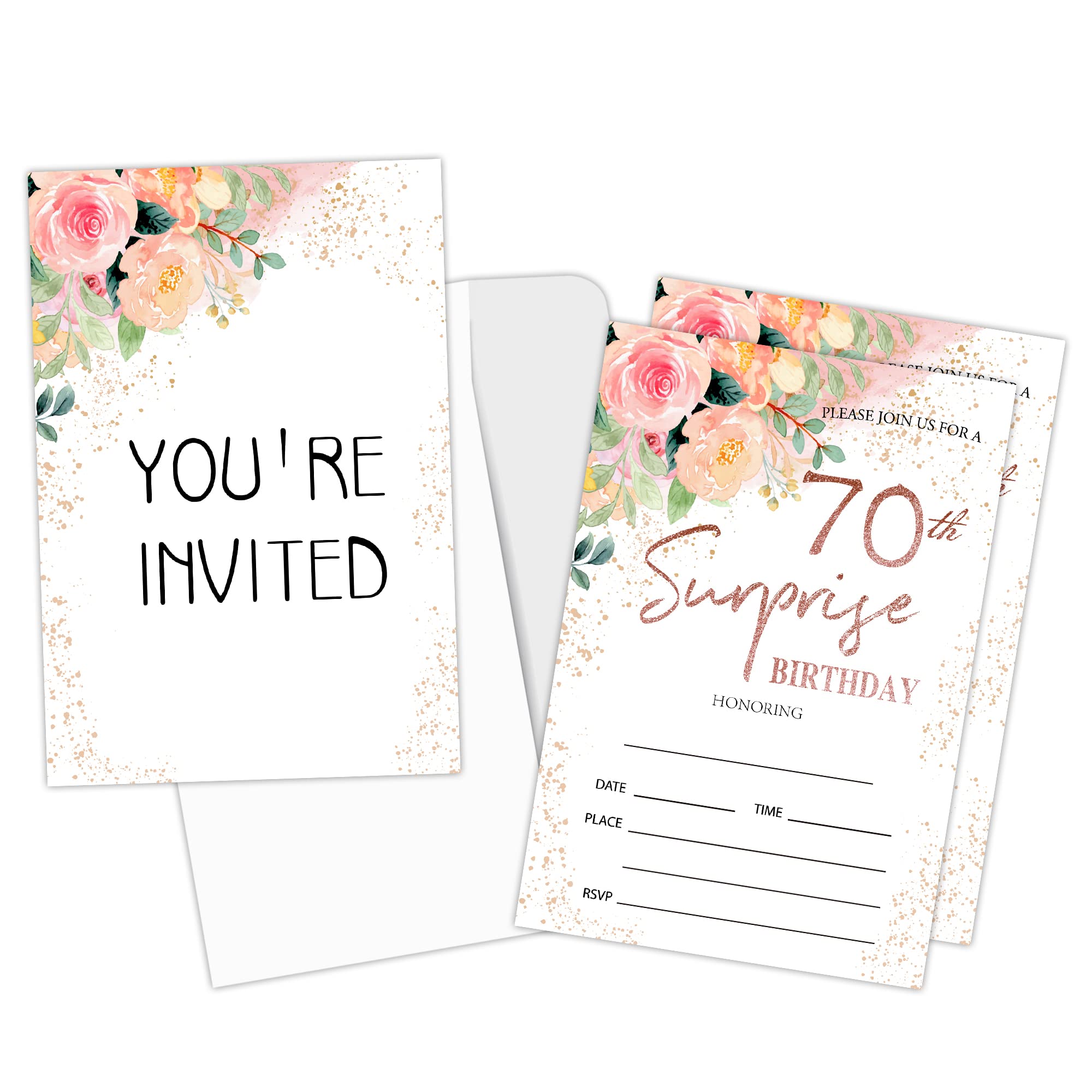 Zodvery Surprise 70th Birthday Party Invitations Cards - 70 Years old Rose Floral Pink Theme Party Supplies for Adult, Woman or Man - 20 Fill in
