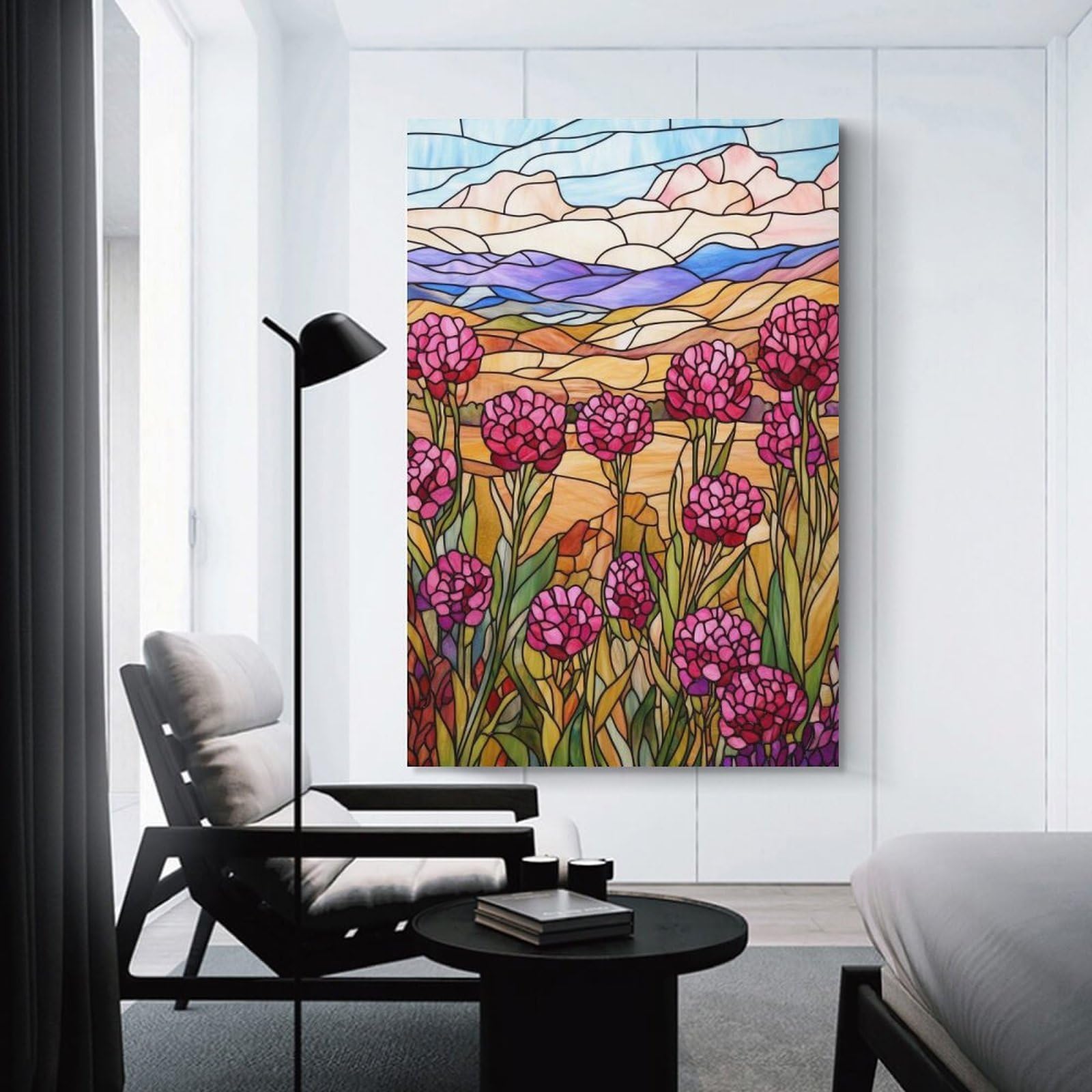 Junmoney Canvas Art Print Stained Glass Mountain Meadow, 24x36inch(60x90cm), for Office, Study Or Home Workspace, Home Office Artwork with Decorative Appeal