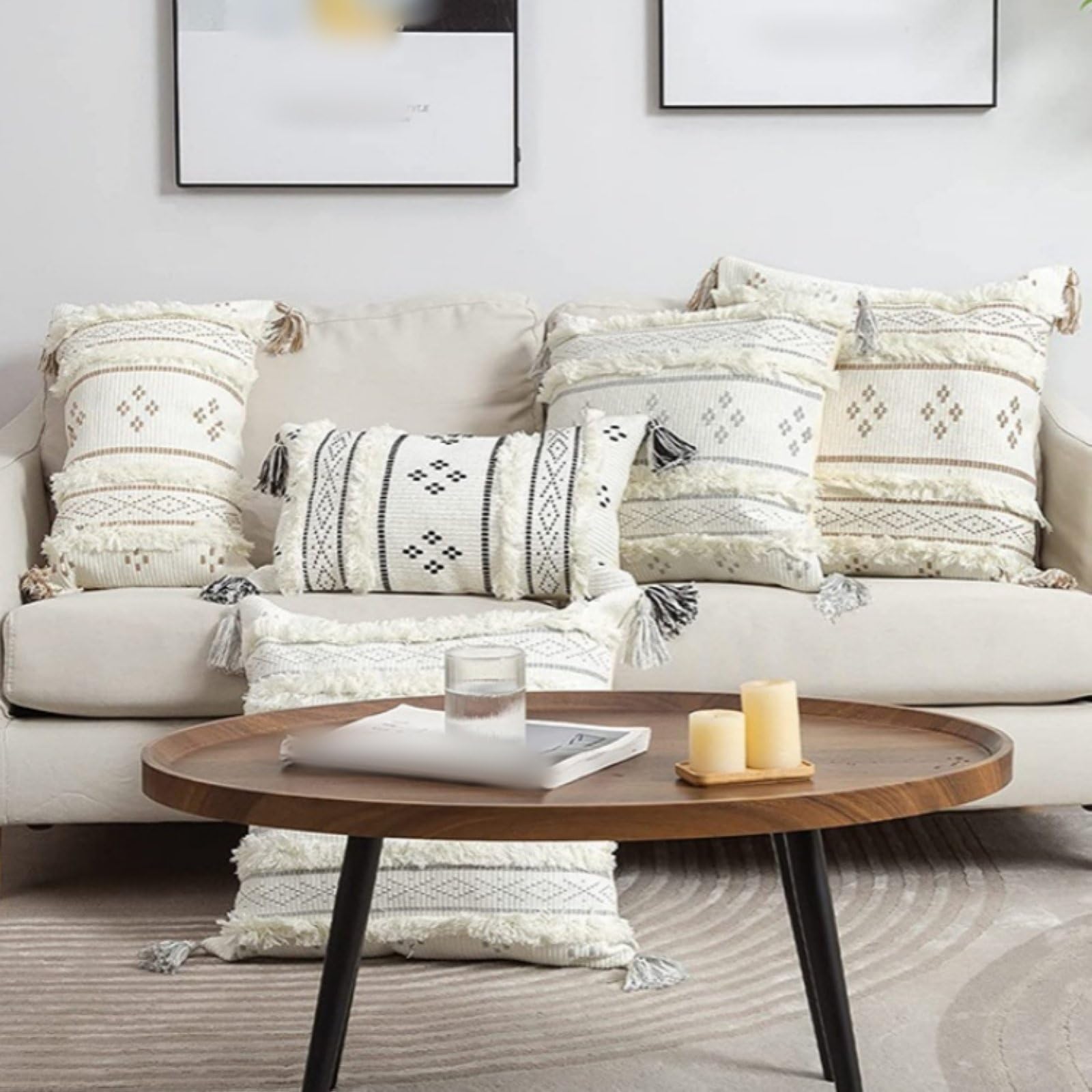 Fodera per Cuscino Boho Intrecciato macramè Home Decor Cuscini Comfort Trapuntati con Nappe,Nero,45 x 45 cm
