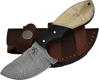 Knives Ranch Handmade Damascus Steel Full Tang 7" Skinner with Black Accent Heavy Duty Leather Sheath Snap Button (2095) - Knives Ranch