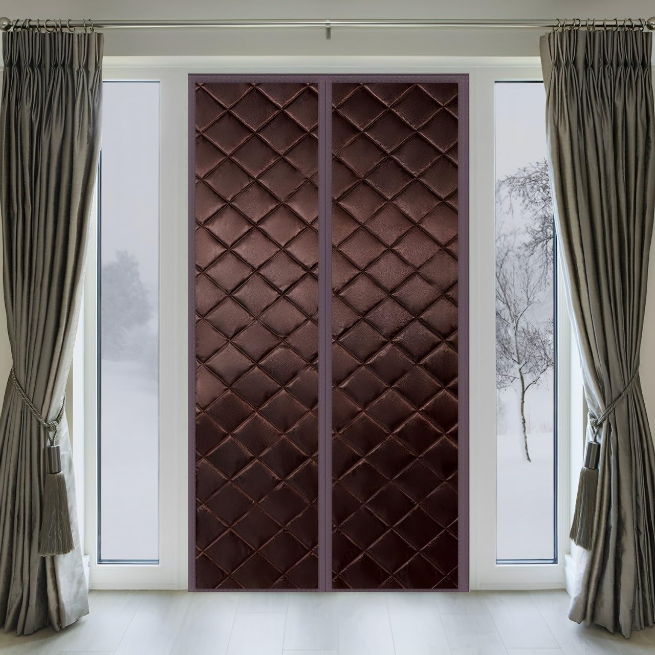 Dtedty Brown Insulated Door Curtain, 90X250cm Noise Reduction Air Conditioner Partition Curtain Folding Door Full Frame Thermal Folding Doors Front Doors(Brown)