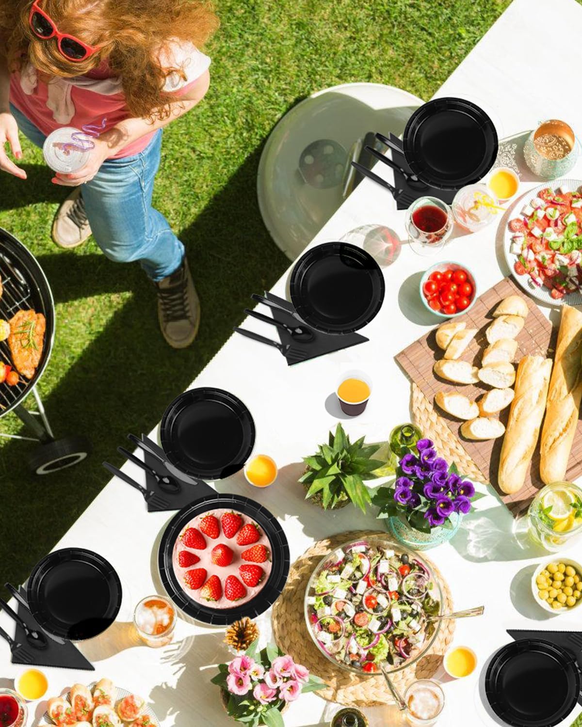 Lzerking Black Party Supplies Set 224 Pieces of Black Paper Plates, Cups, Napkins, and Heavy Duty Plastic Spoons Forks Knives for 32 Guests for Birthday, Graduation, Wedding, Festivals