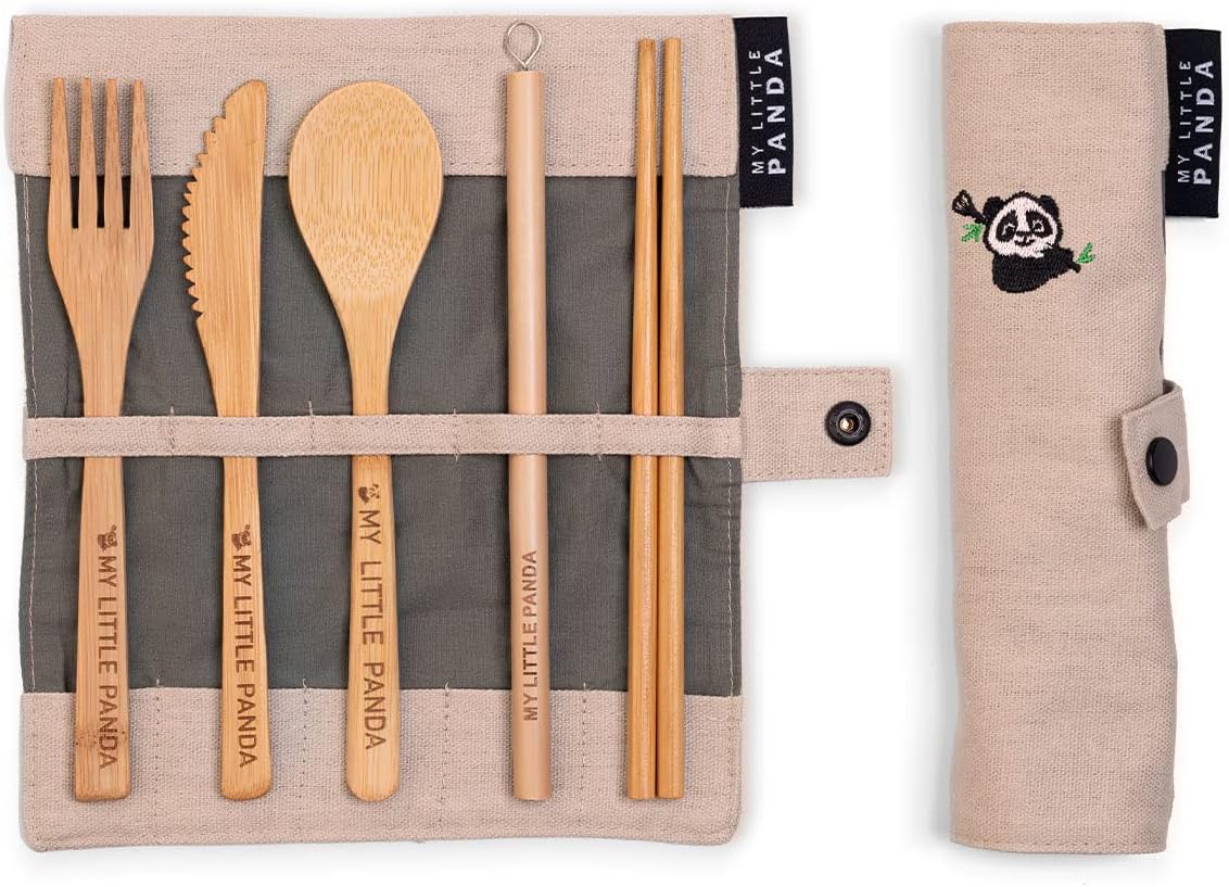 My Little Panda 19cm Bamboo Lunch Set with Desert Sand Roll-Up Organic Hemp Carry Pouch