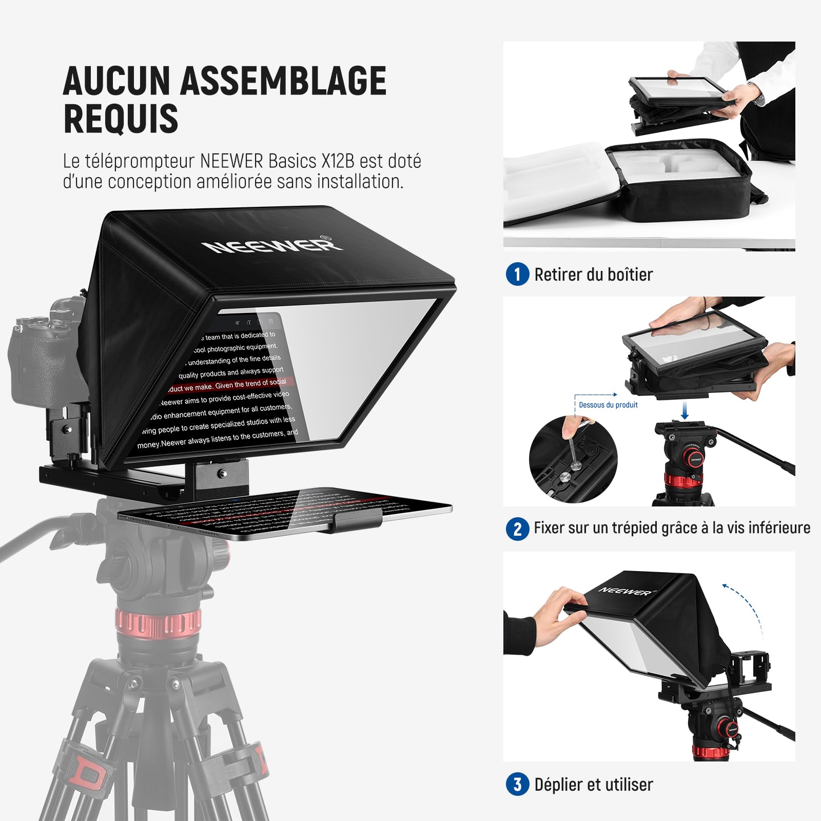 NEEWER BASICS X12B Téléprompteur Relevable en Alliage d'Aluminium 12'', Compatible avec iPhone, iPad, Tablette, Téléphone, Caméra, sans Assemblage, Contrôle à Distance et App avec Chiffon de Nettoyage