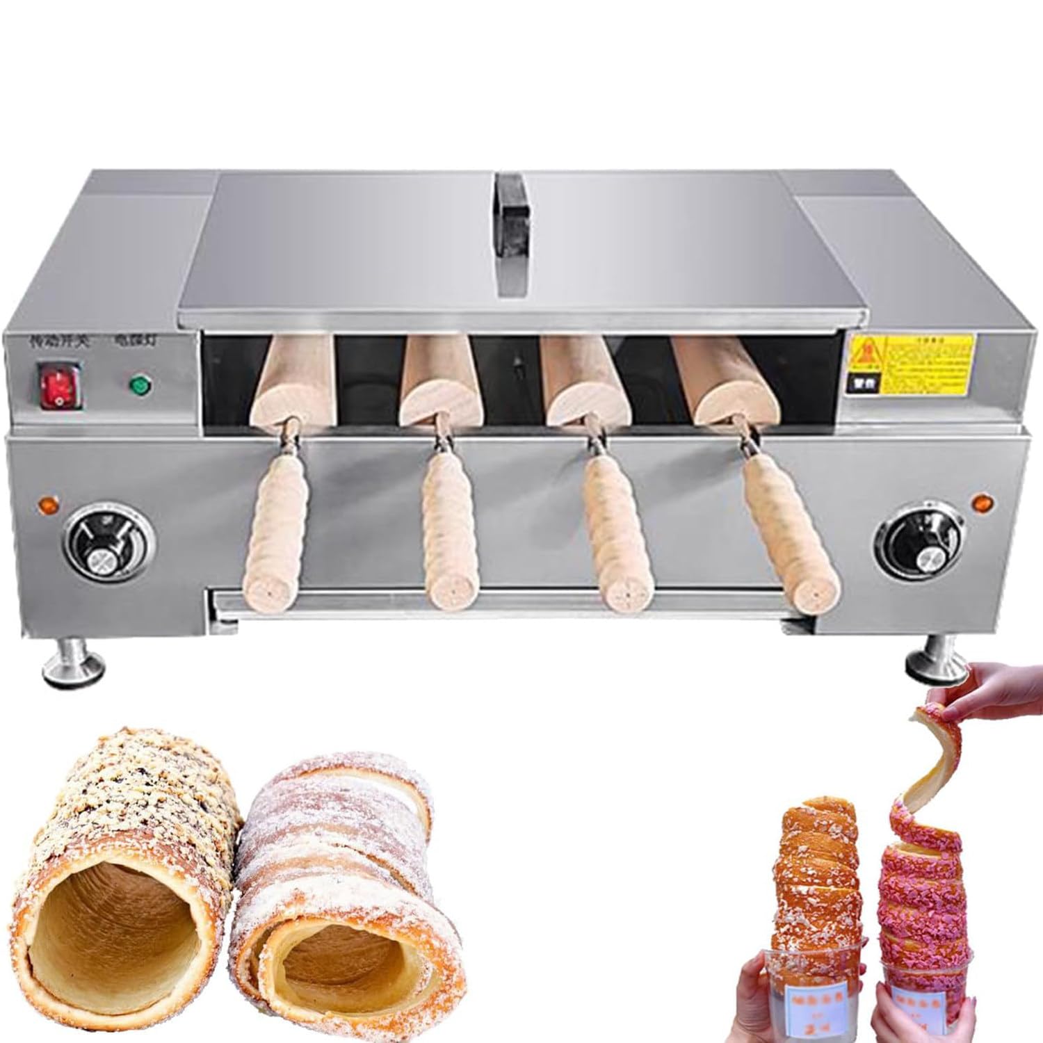 RETRIN Chimney Cake Oven Machine, Ice Cream Cone & Waffle Maker, 4/8 Rollers Non-Stick, Mechanical Temp Knob, for Commercial Home Bakery & Snack Bar 4pcs