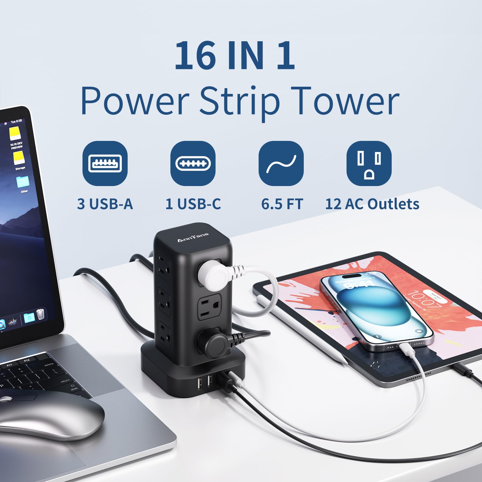 AnnTane - Banda di alimentazione con protezione da sovratensione da 1,8 m, torre di alimentazione multipresa con 4 porte USB (1 USB C), cavo di prolunga con 12 prese di corrente alternata,