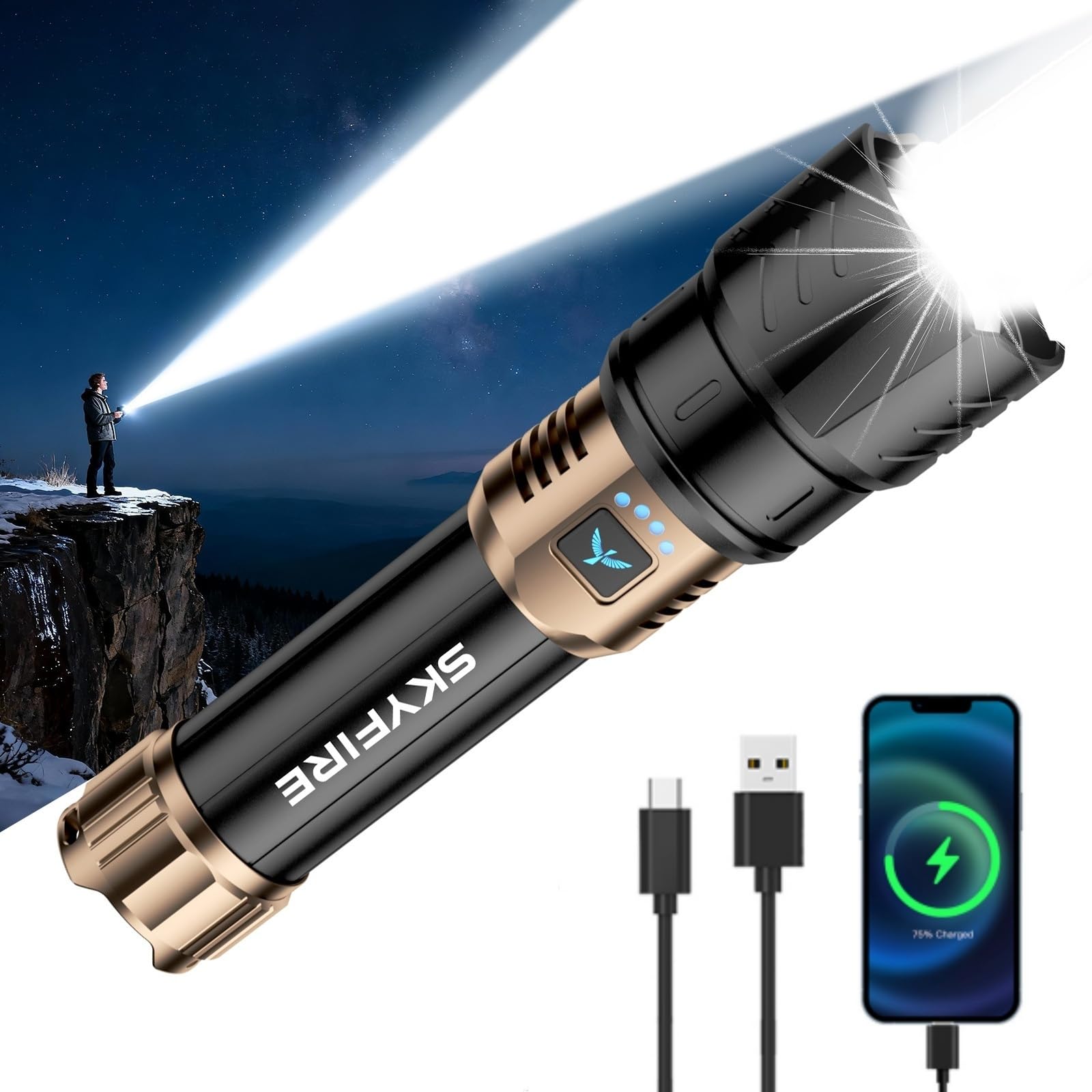 SKYFIRE Lampes de poche rechargeables haute luminosité, 10 000 super lumineuses, zoomables, 4 modes, étanche, lampe torche tactique LED pour le camping, les situations d'urgence en plein air et à la