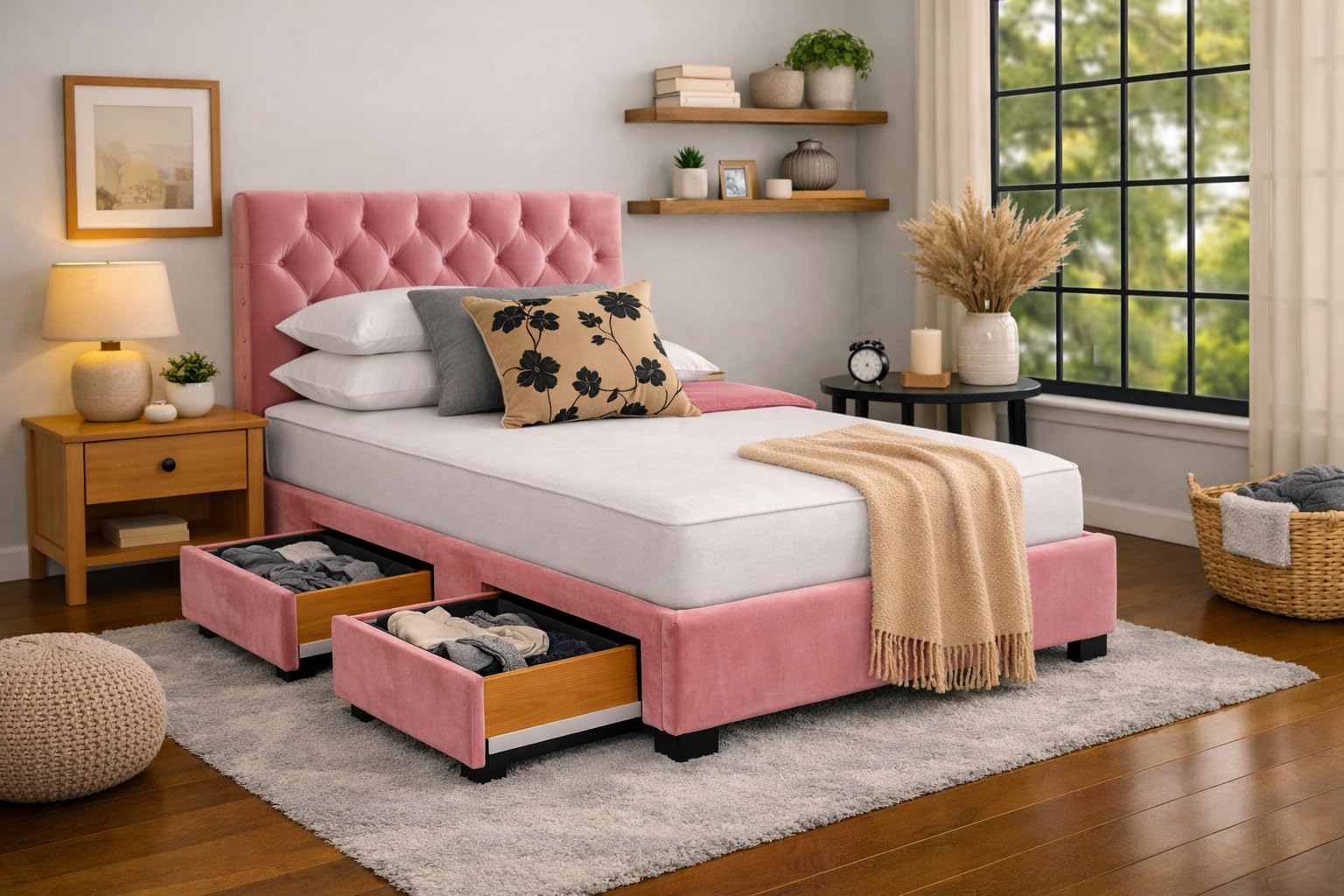 Divan Bed with Mattress | Single 3FT | Choice of Colours | 2 Storage Drawers | Toronto Headboard | Bed Frame with Mattress Included (Pink Plush Velvet)