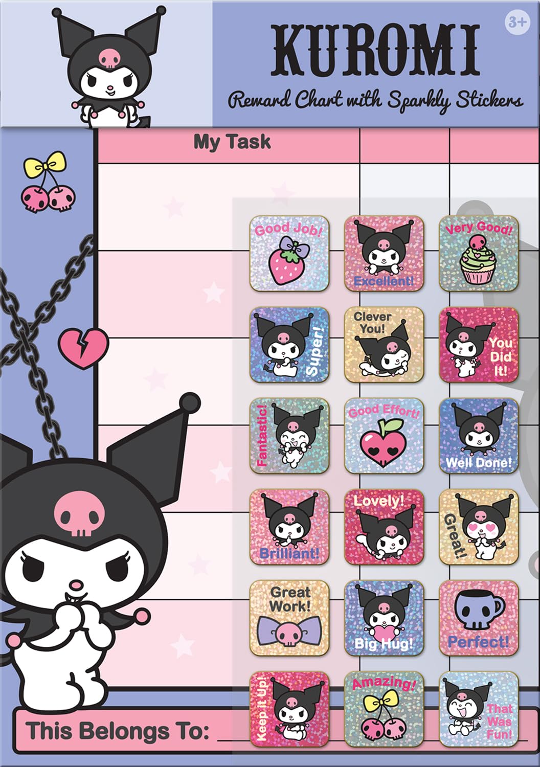 Kuromi A4 Reward Chart | 42 Colourful Sparkly Stickers Included | Wipe-clean Chart | Officially Licensed | Unisex, Age 3+ | Brilliant for encouraging good behaviour & completing tasks | Hello Kitty