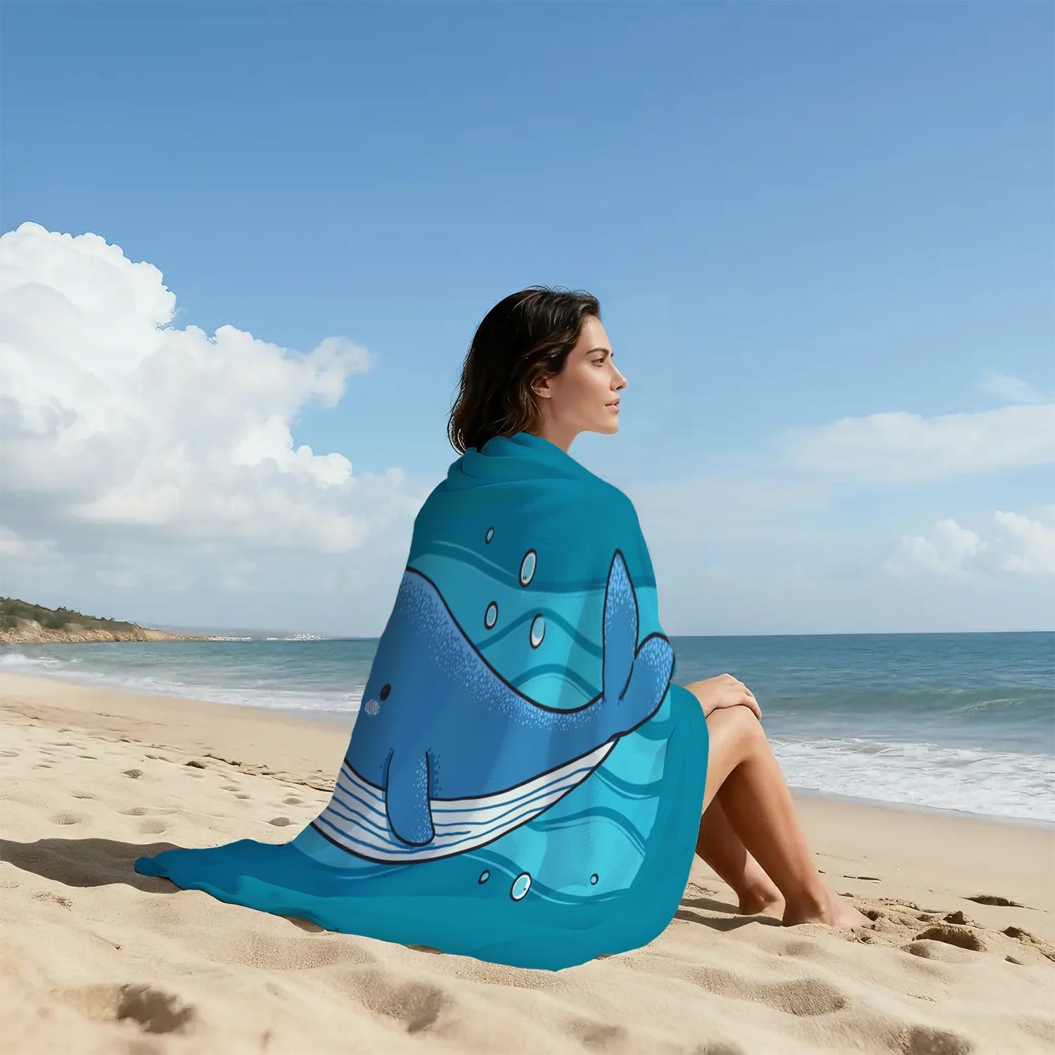 Retro, interessant Strandtuch 230 x 210 cm - Strandtuch trandtuch Leichtdünn Weich Strandtuch Cartoon, Blauwale, Wasserströmungen,für Strand, Pool, Yoga, Picknick
