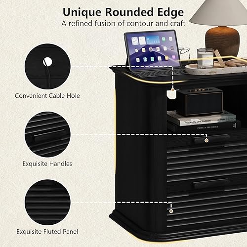 Miniatura 5 de Mesita de noche acanalada de 22 pulgadas con estación de carga, mesa auxiliar moderna con 2 cajones y almacenamiento abierto, mesita de noche de