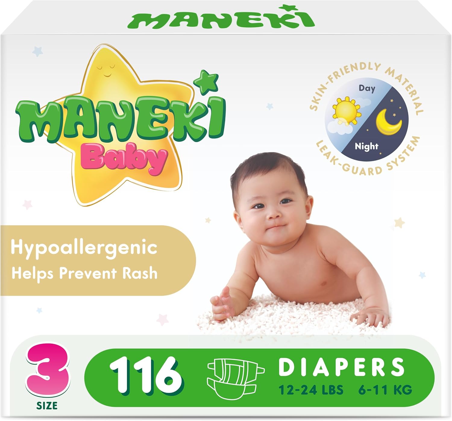 MANEKI Baby Diapers Size 3 (12–24 lbs), 116 Count, Super-Soft, Ultra-Thin & Highly Absorbent, Hypoallergenic, Fragrance-Free for Sensitive Skin, Breathable, Day & Night Leak Protection (Pack May Vary)