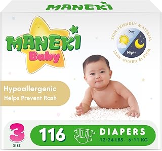 MANEKI Size 3 Diapers, Highly Absorbent & Breathable Baby Diapers, Size 3 (12–24 lbs), 116 Count, Hypoaller...