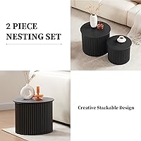 Vista 5 de AVZEAR Juego de 2 mesas de centro redondas anidables, mesa de centro pequeña acanalada, mesa lateral circular, mesas anidables de madera