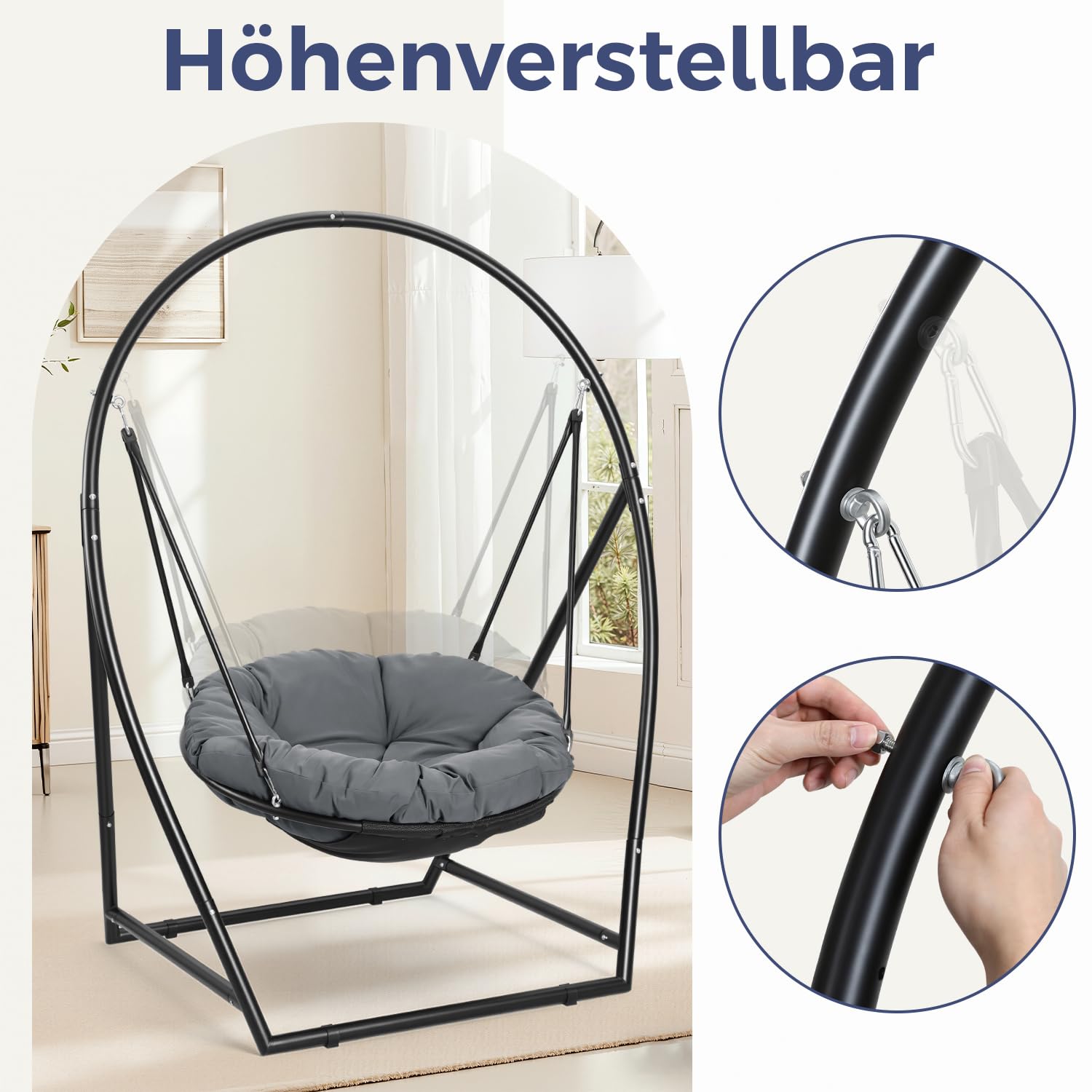 Hängesessel mit Gestell Outdoor, Runder Hängestuhl mit Stahlrahmen & Kissen, 100cm Sitzfläche, Höhenverstellbar, bis 150kg belastbar, Hängeschaukel für Garten, Balkon, Terrasse & Indoor, Schwarz