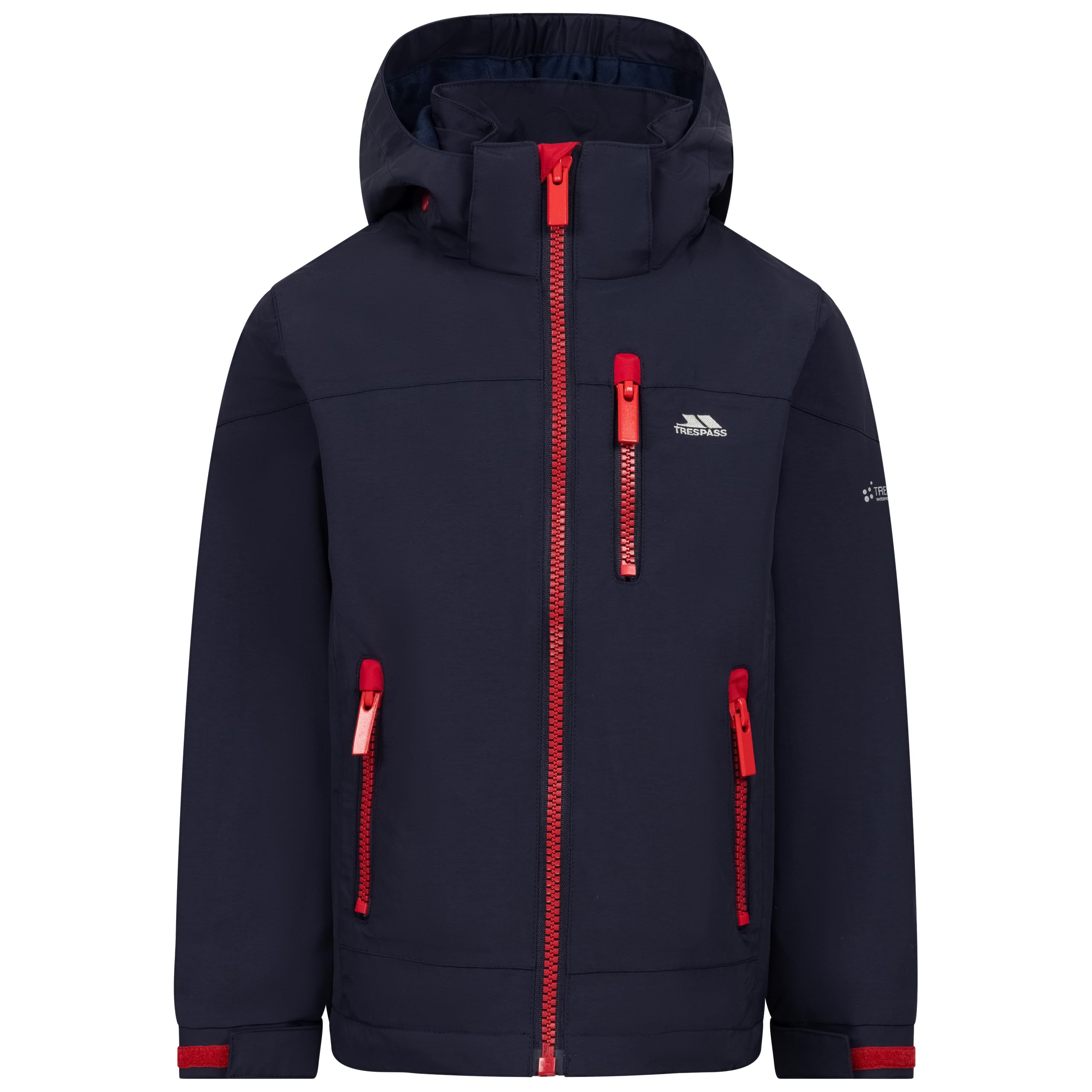 Trespass Boys Jacket Aleric -Unpadded, 3 Zip Pockets, Detachable Hood, Adjustable Cuffs, Longer Back, Waterproof 3000mm, Windproof, Taped Seams Navy