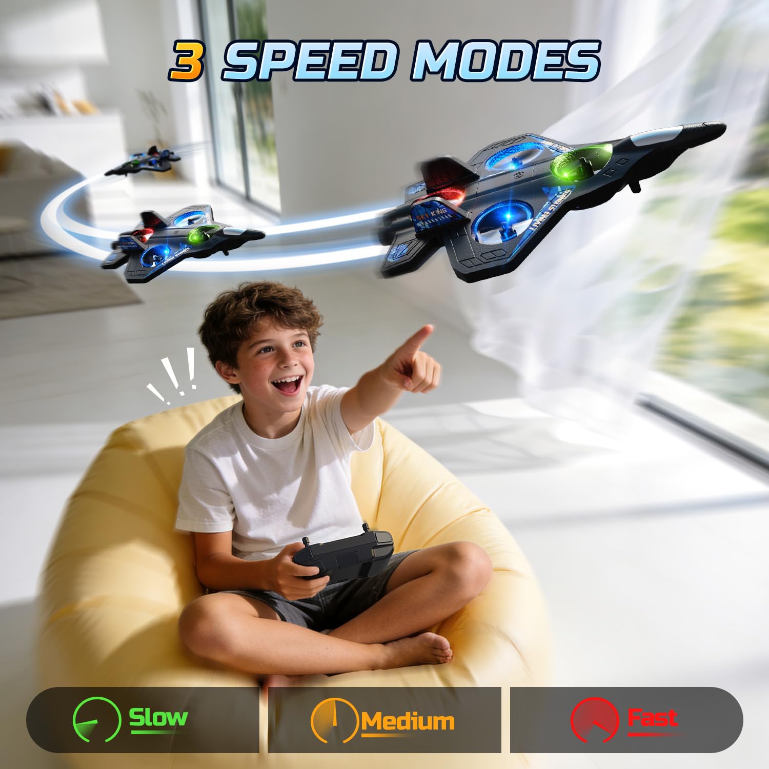 DEERC Ferngesteuertes Flugzeug für Kinder, 360 ° Drehung, Höhenhaltung, Start mit einer Taste, Outdoor-Spielzeug für Jungen (schwarz)