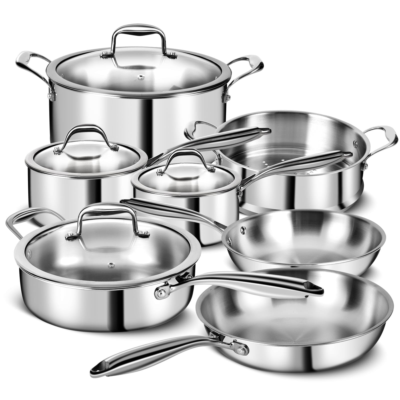 3 Ply Stainless Steel Pot and Pan Set β 11pcs Cookware Set with Glass Lids β Induction Pots and Pans Set β Saucepan Pots & Frying Pan Set, Oven Safe, PFOA, PTFE & PFOS Free