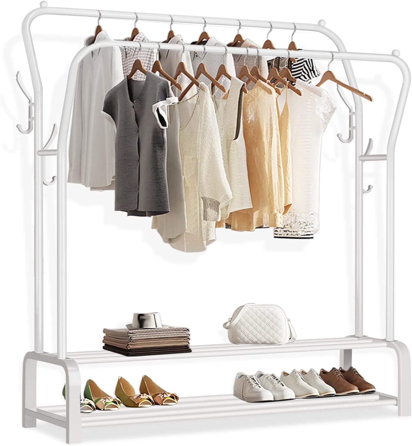 TORIBIO Garment Rack Free standing Clothes Hanger with Double Rods Upgrade Multi-functional Storage Shelf Coat Rack 4 Hooks White