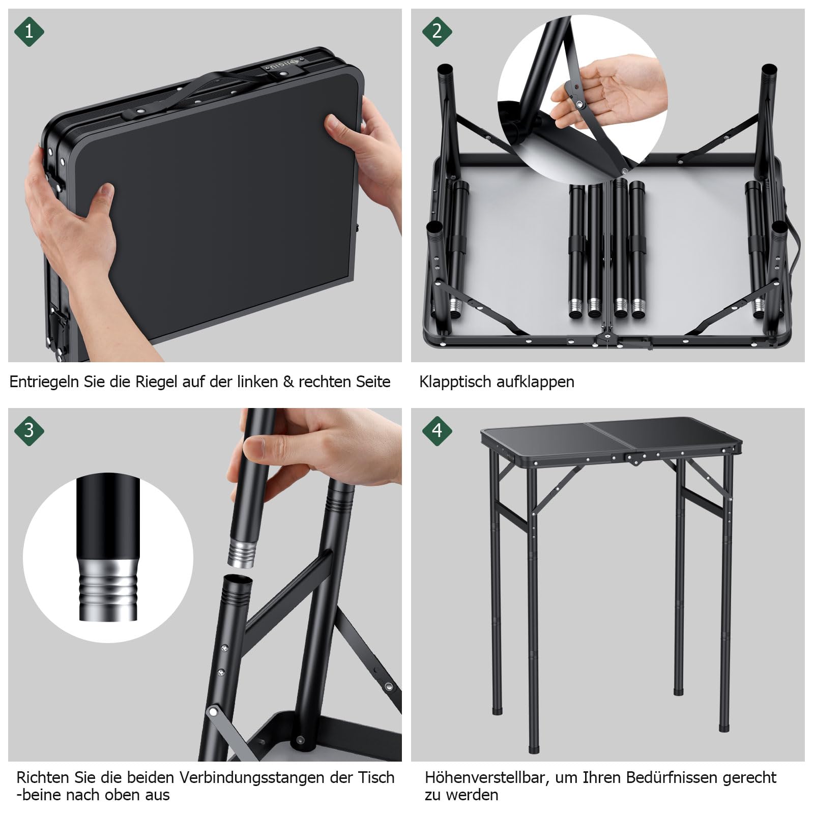 JiGiU Campingtisch 60x40cm Klapptisch mit 3 Höhen & Aluminium Rahmen | Klapptisch Schwarz in 27cm/51cm/74cm Höhenverstellbar, Tragbar Grilltisch Koffertisch für Garten Küche Picknick Innen & Außen