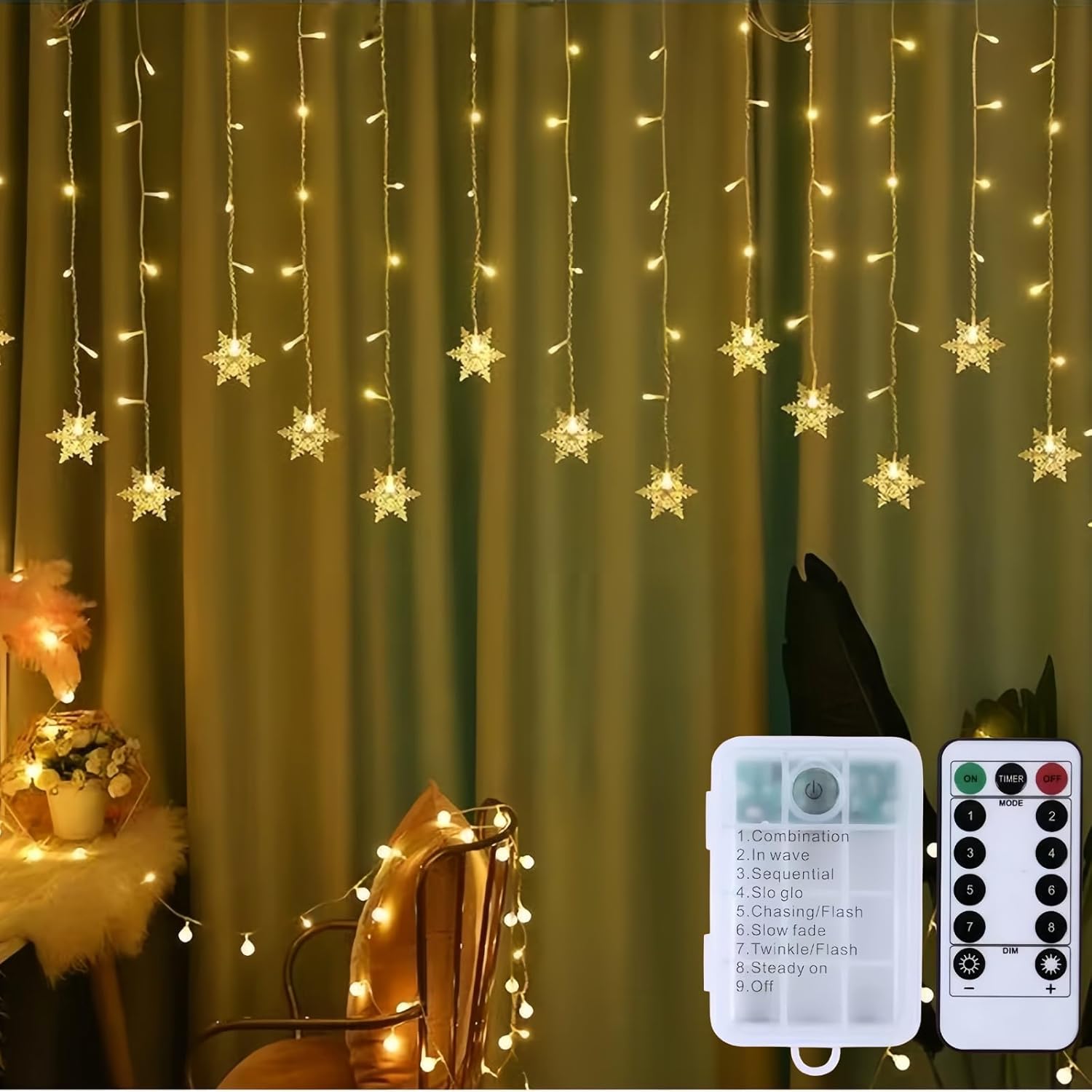 Remote Control LED Curtain Lights with Battery Box, 13Ft/4M 96 LED Snowflake String Lights, 8 Light Modes,Operated for Indoor Outdoor Christmas Wedding Party Home Decor,Warm White Remote Control LED Curtain Lights with Battery Box, 13Ft/4M 96 LED Snowflake String Lights, 8 Light Modes,Operated for Indoor Outdoor Christmas Wedding Party Home Decor,Warm White