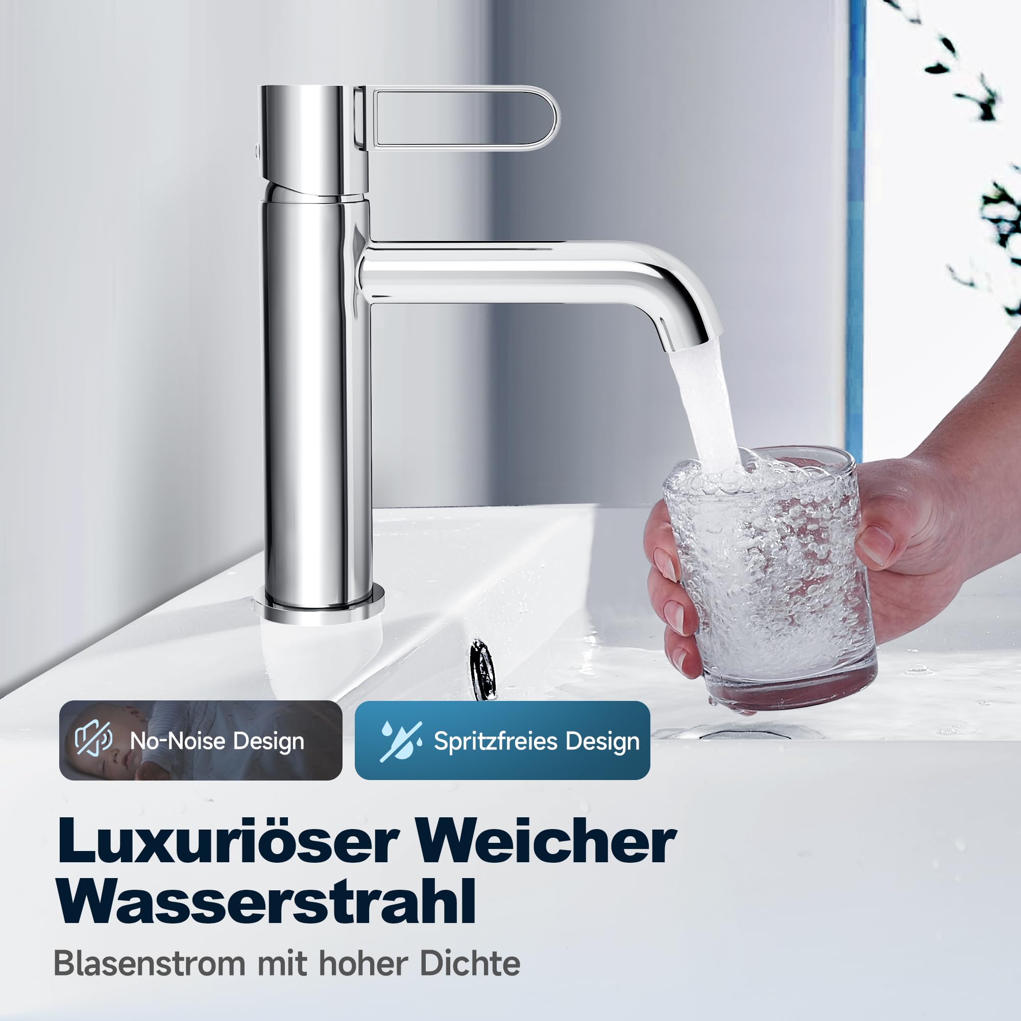 Bad Wasserhahn Waschtischarmatur Messinggehäuse Waschbecken mit Keramikkartusche Einhebelmischer Chrom Badarmatur für Badezimmer mit Ungiftiger EPDM-Innenschlauch