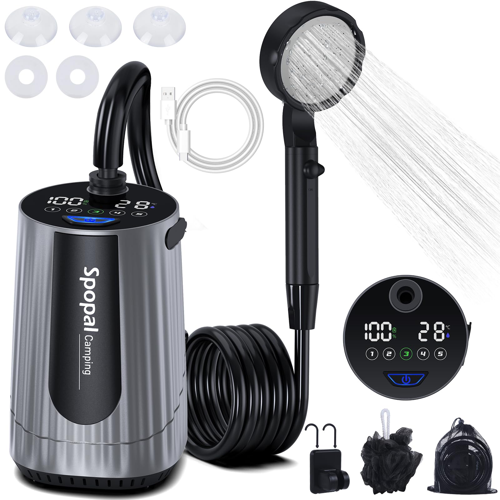 Spopal Portable Shower for Camping, [Upgraded] 10000mAh Rechargeable Camping Shower Pump with LED Display, 5 Adjustable Speeds, IPX8 Waterproof Outdoor Shower Kit for Hiking, Travel, Car, Pet (Silver)