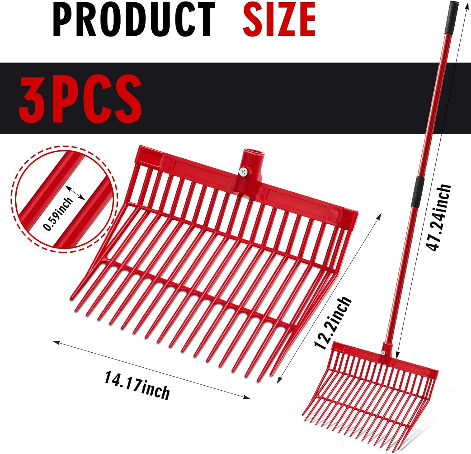 Lasnten 3 Sets Blue Manure Fork with Long Metal Handle Pitch Fork Manure Rake Heavy Duty Muck Rake for Gardening Horse Stall Stable Grass Hay Cleaning Farm Work(D Shaped Grip)