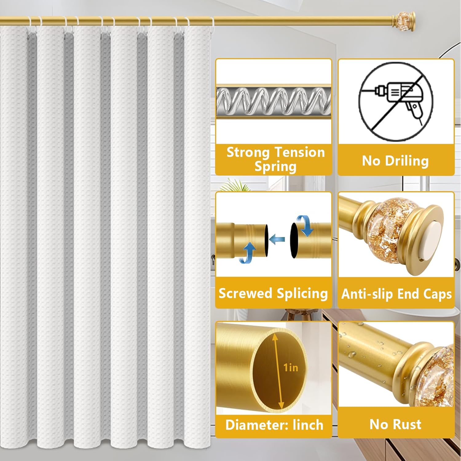 Shower Curtain Rod 27 to 86 Inch,1 Inch Diameter Shower Rod for Bathroom, No Drilling Tension Curtain Rod for Window, Adjustable Spring Tension Rod,No Drilling,No Rust,Gold