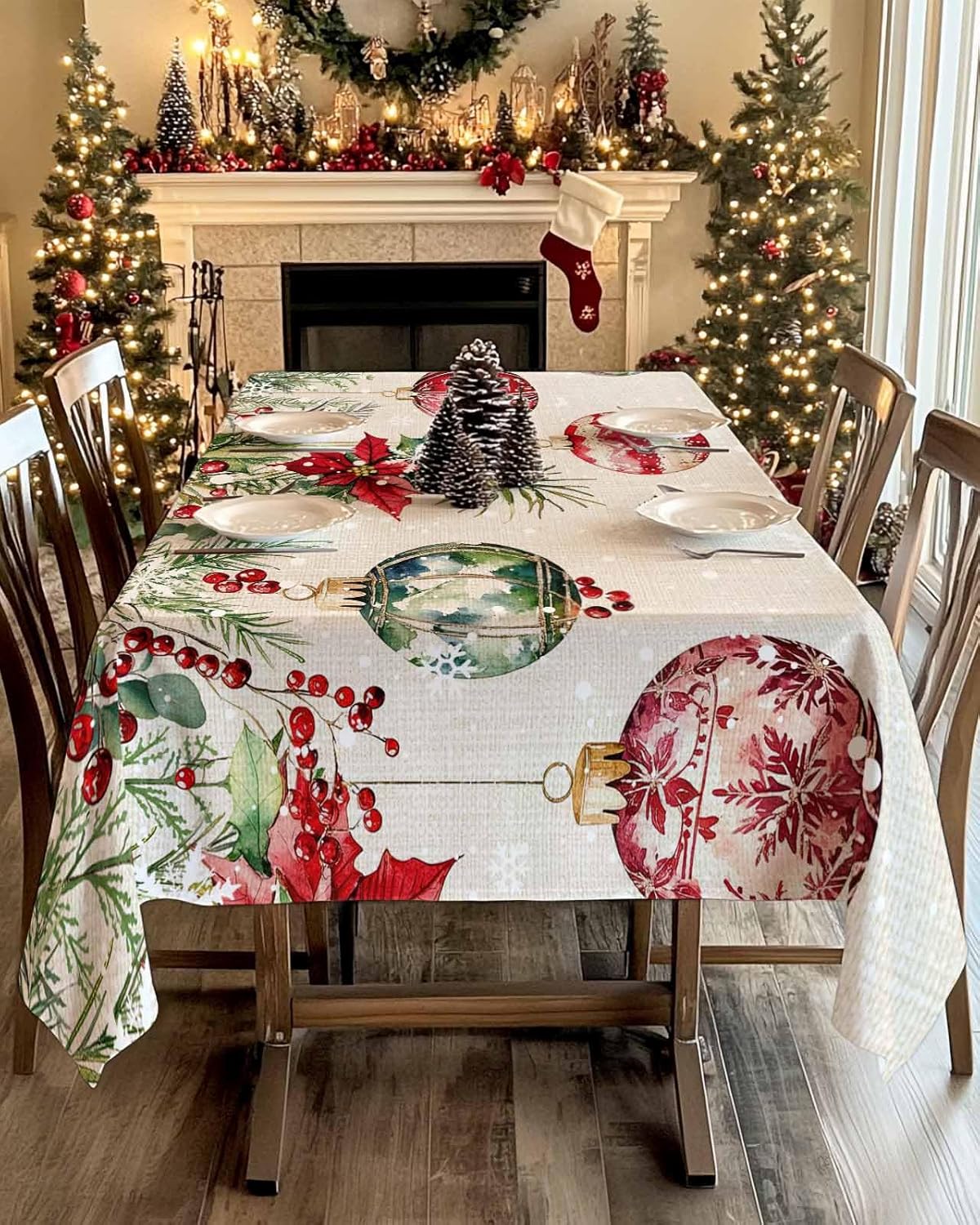 Christmas Red Table Cloth 60x84 Inch Rectangle, Green Balls Poinsettia Berry Snowflake Beige Waterproof Tablecloth Washable Table Cover for Party Picnic Dinner Decor