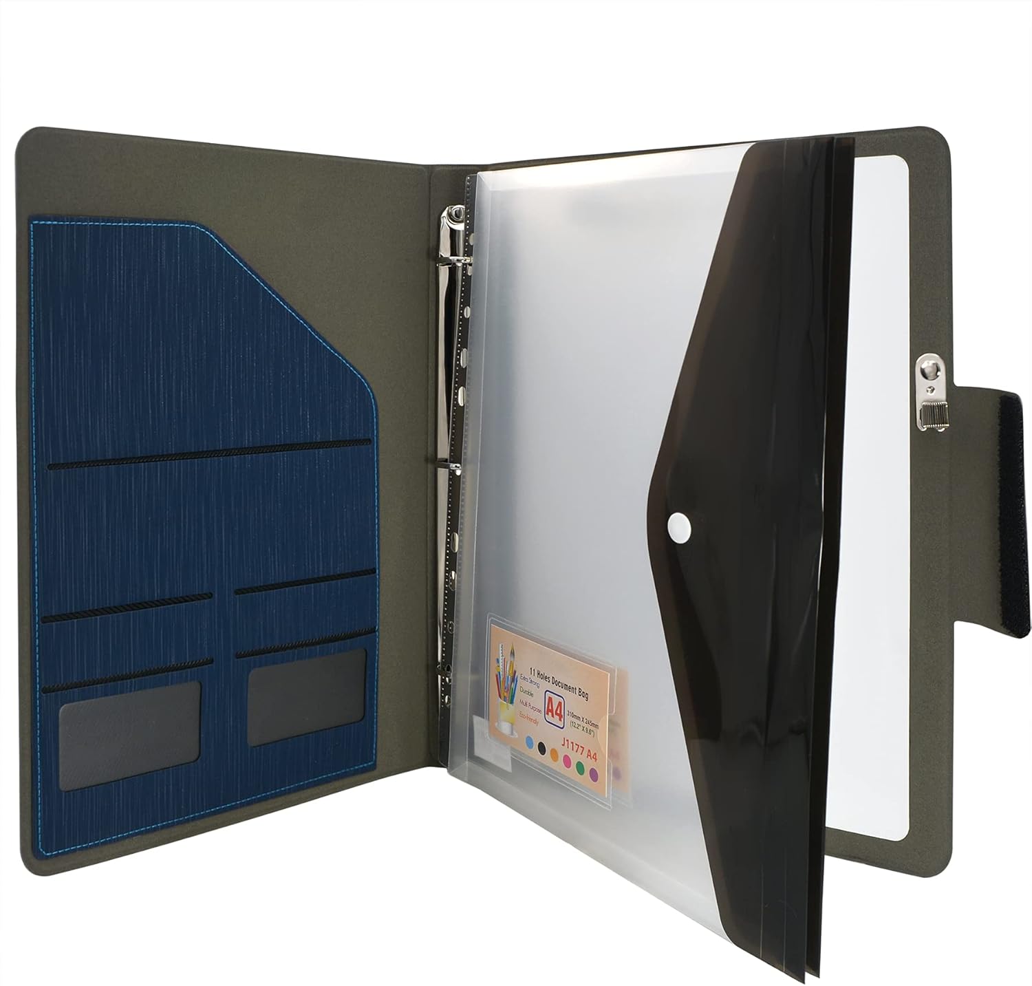 3-Ring Binder Padfolio with Whiteboard Clipboard and Expanded Document Bag, Padfolio Ring Binder Business Organizer Portfolio Case (Blue)