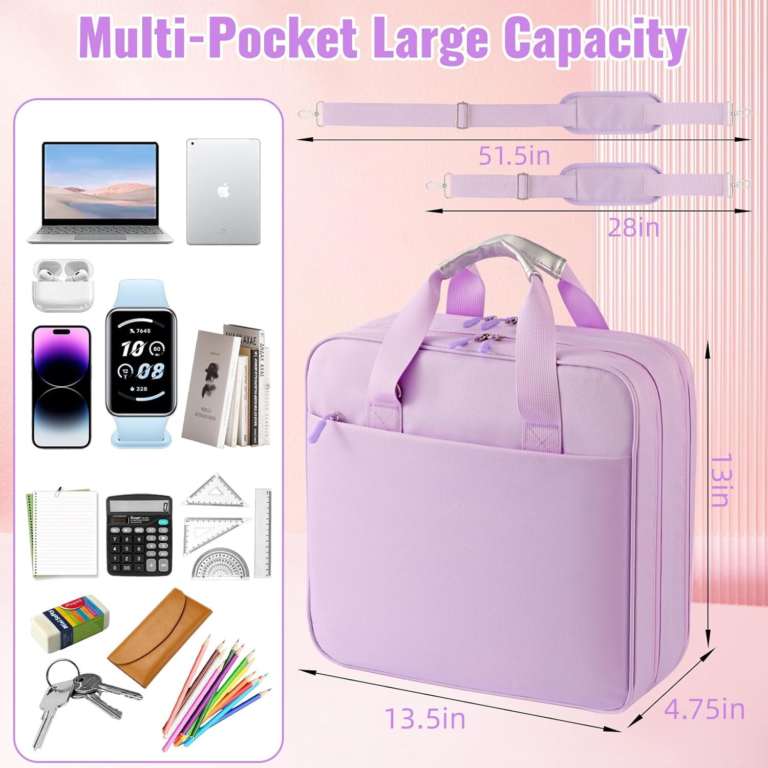 Zipper Binder 3 Ring with Shoulder Strap, 2 Inch O-Rings, 500-Sheet Capacity, Binder Bag with Expanding File Folder & Multi-Pockets, Trapper Keeper fits for 13 Inch Laptop (Purple)