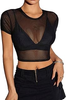 Mesh Crop Top for Women Short Sleeve Bodycon Tees Y2k See Through Blouse O Neck Clubwear
