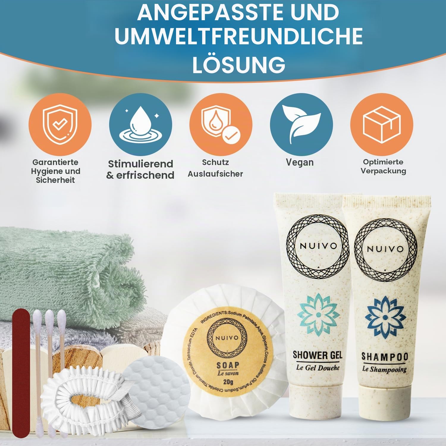 50 Stück Umweltfreundliches Starter-Set für Hotel, Airbnb, Gîte, Hochzeit, Seminar – Mini-Shampoo, Duschgel, Seife, Kosmetikset, Badekappe – parabenfrei, Reisegröße