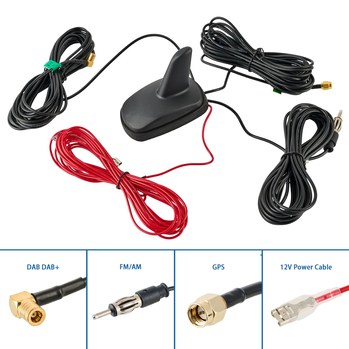 Vecys Dab Dab + FM/AM GPS Voiture Antenne Requin Aileron Toit Signal Amplificateur SMB à SMA à DIN Adaptateur 5M RG174 Câble pour Navigation Système