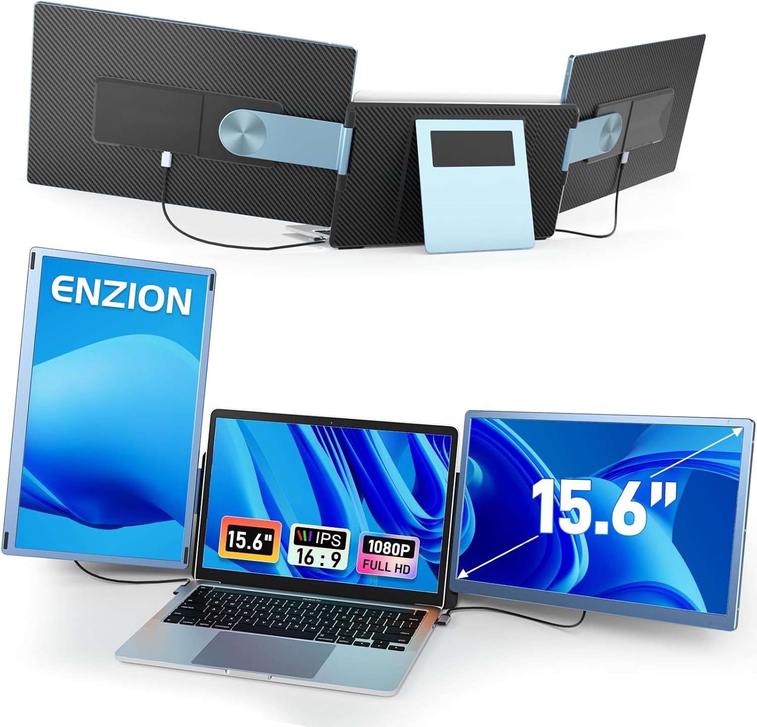 Laptop Screen Monitor Extender, Wider 1080P FHD Portable Monitor for Laptop, Built-in Speaker and Adjustable Backstand, Triple Screen Extender Compatible With Wins/MacOS/Chrome (15.6” Tri-Screen Blue)