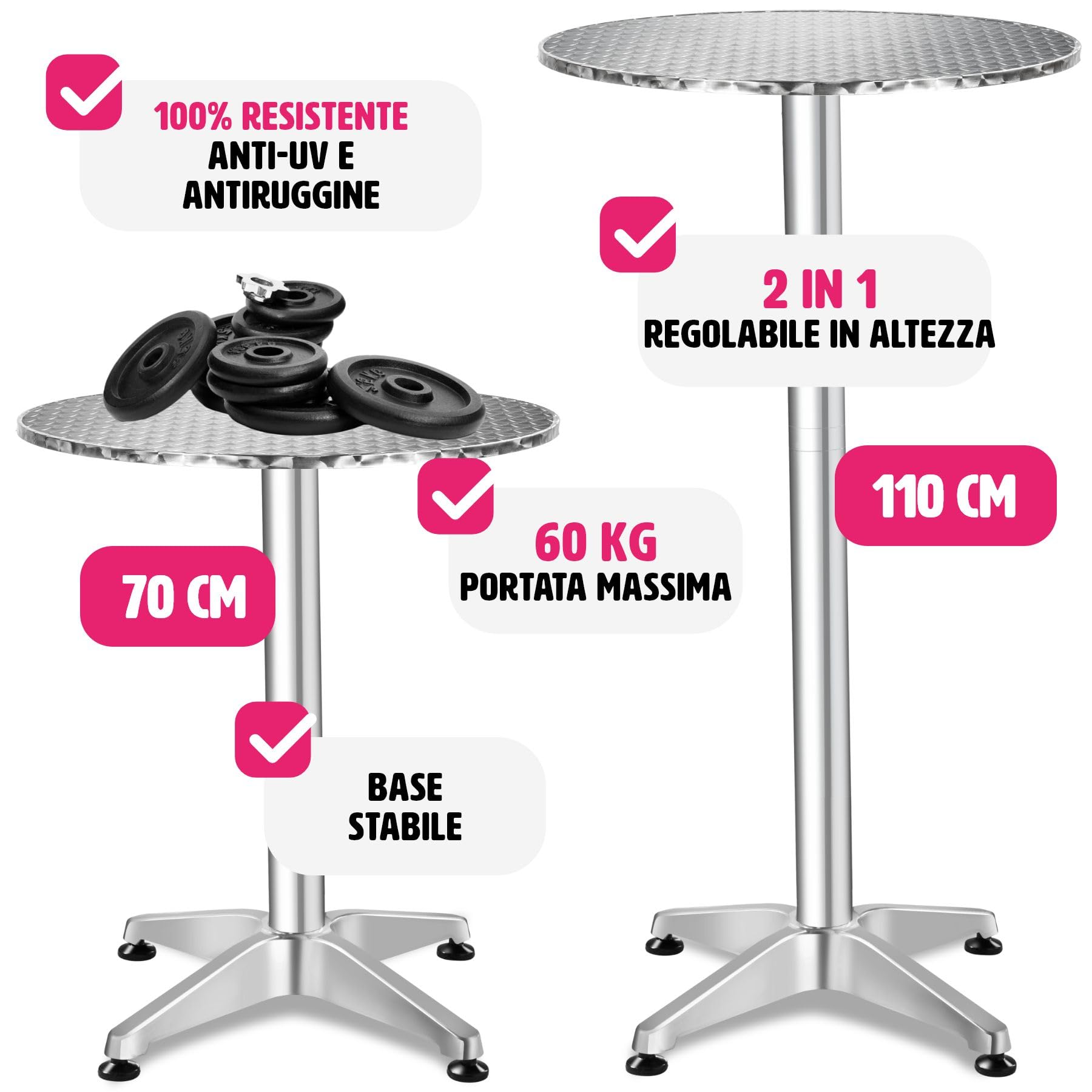 tectake® Tavolo da Bistrot, Alluminio Pieghevole, Altezza Regolabile 74/114 cm, Piano in Acciaio Inox Ø 60cm, Resistente agli Agenti Atmosferici, Perfetto per Esterni ed Interni - Frederic