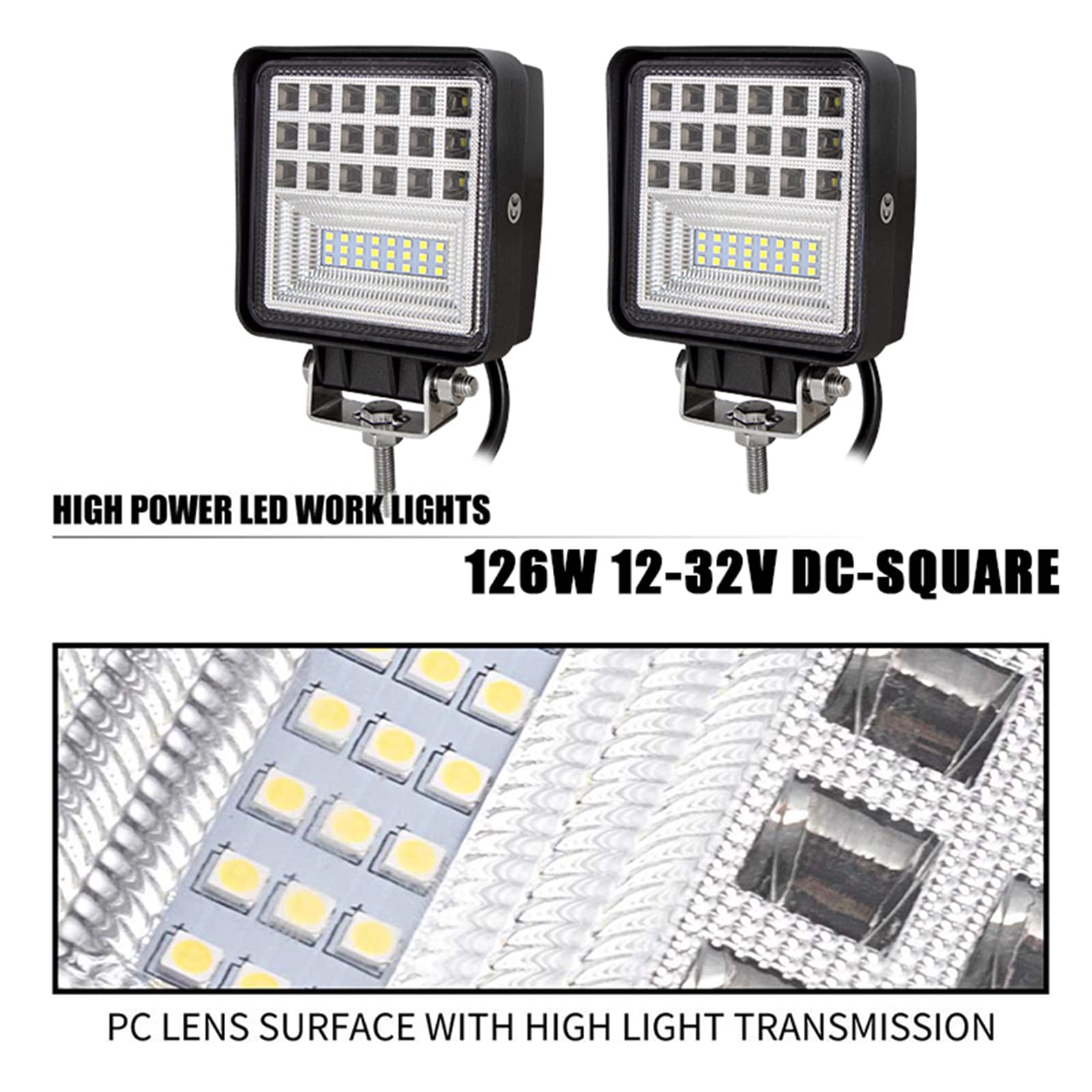 PICAA 10 pezzi 126W 4 Pollici Luce di Lavoro a LED Piazza Flood Spot Faro di Lavoro Fari Lampada Fuoristrada Luci Baccelli per Camion Trattore SUV UTV ATV 12-24V 6000K IP67