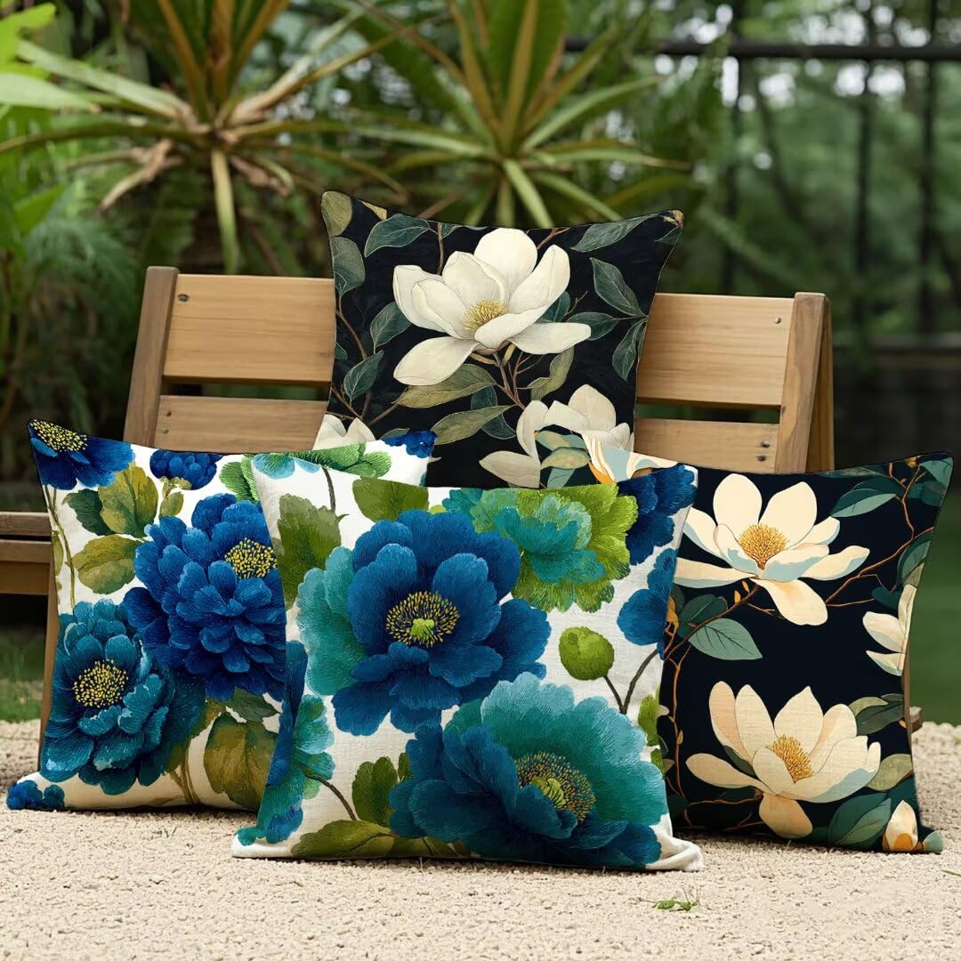 Federe Cuscini per Esterno 40 x 40 cm, Fiore Copricuscini Divano Decorativi Set di 4 Bianco Copricuscino Impermeabili Lino Quadrate Fodere Cuscini Decorativi per Giardino Picnic Soggiorno Sedie Ym224