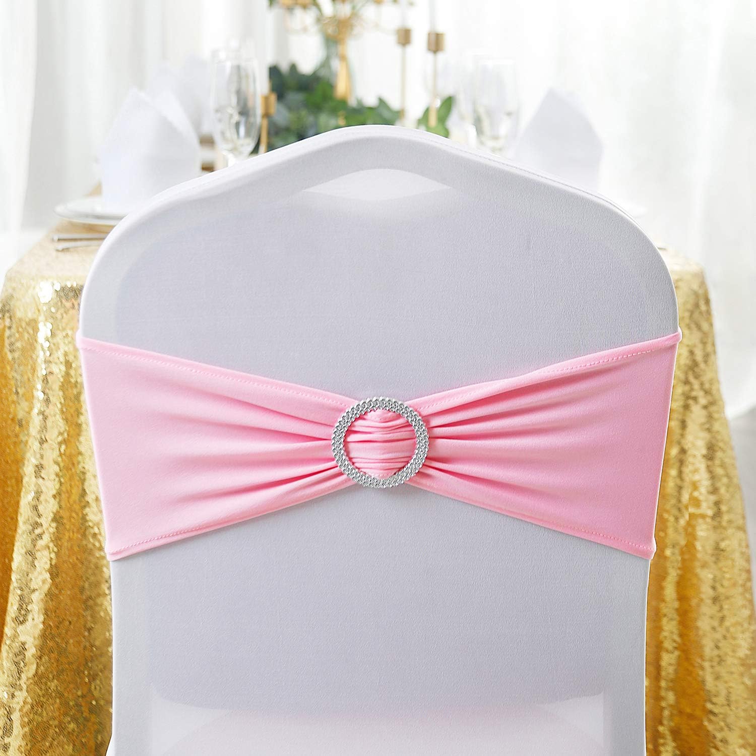 Peomeise 25pcs Pink Spandex Chair Sashes with Buckle Slider for Wedding, Party Decoration