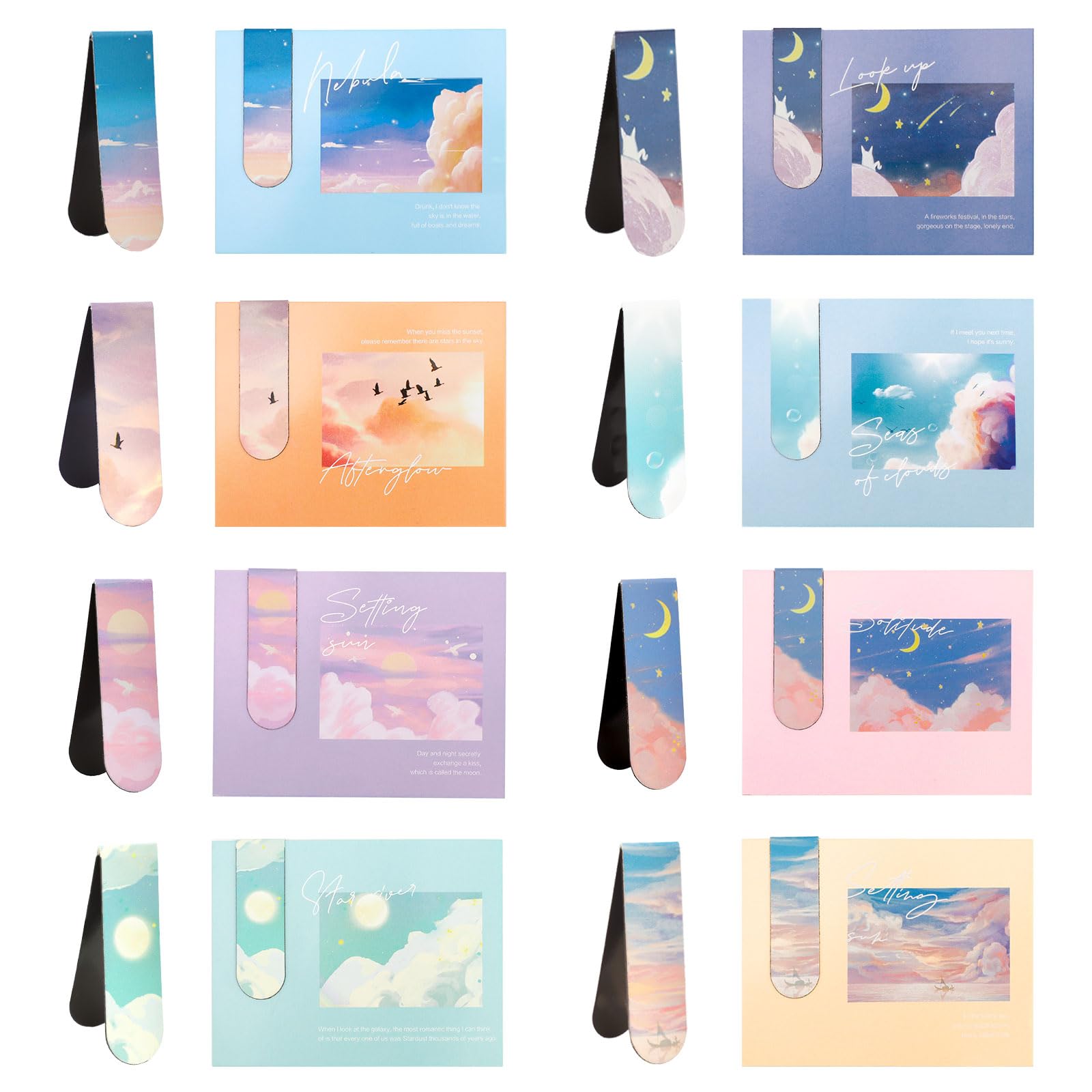 JSRQT 16Pcs Marcadores Magnéticos Sky, Marcador de Libro Magnético, Marcador de libros Surtido, Clips de Página Magnéticos con Tarjeta para Estudiantes Maestros Escuela Oficina Suministros de Lectura