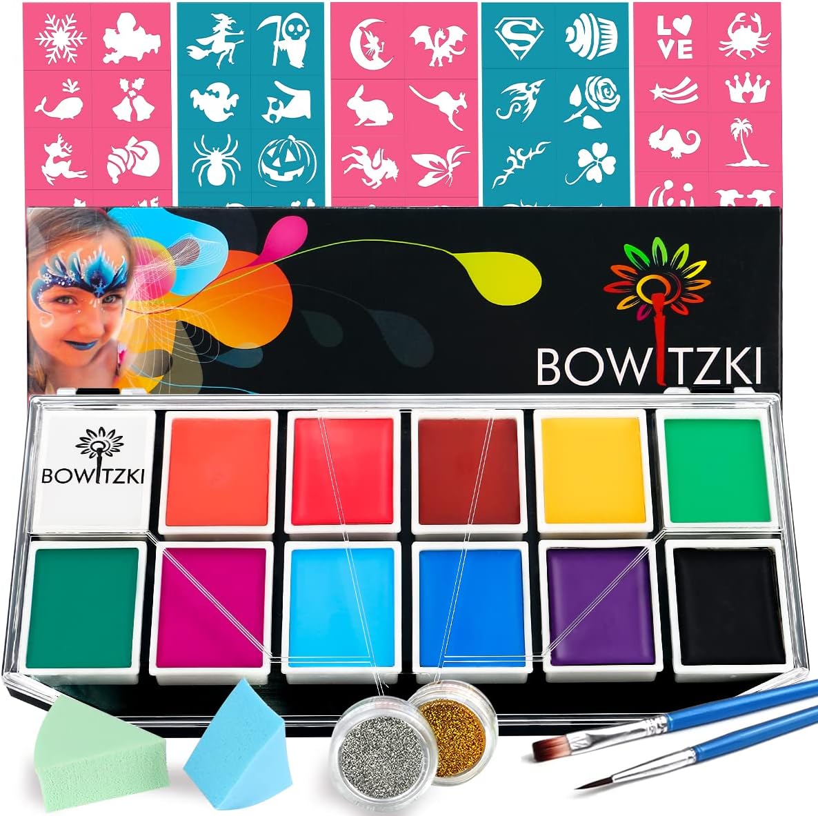 Face Paint Kit, Bowitzki 12 Vibrant Colors 2 Glitter 2 Brushes 40