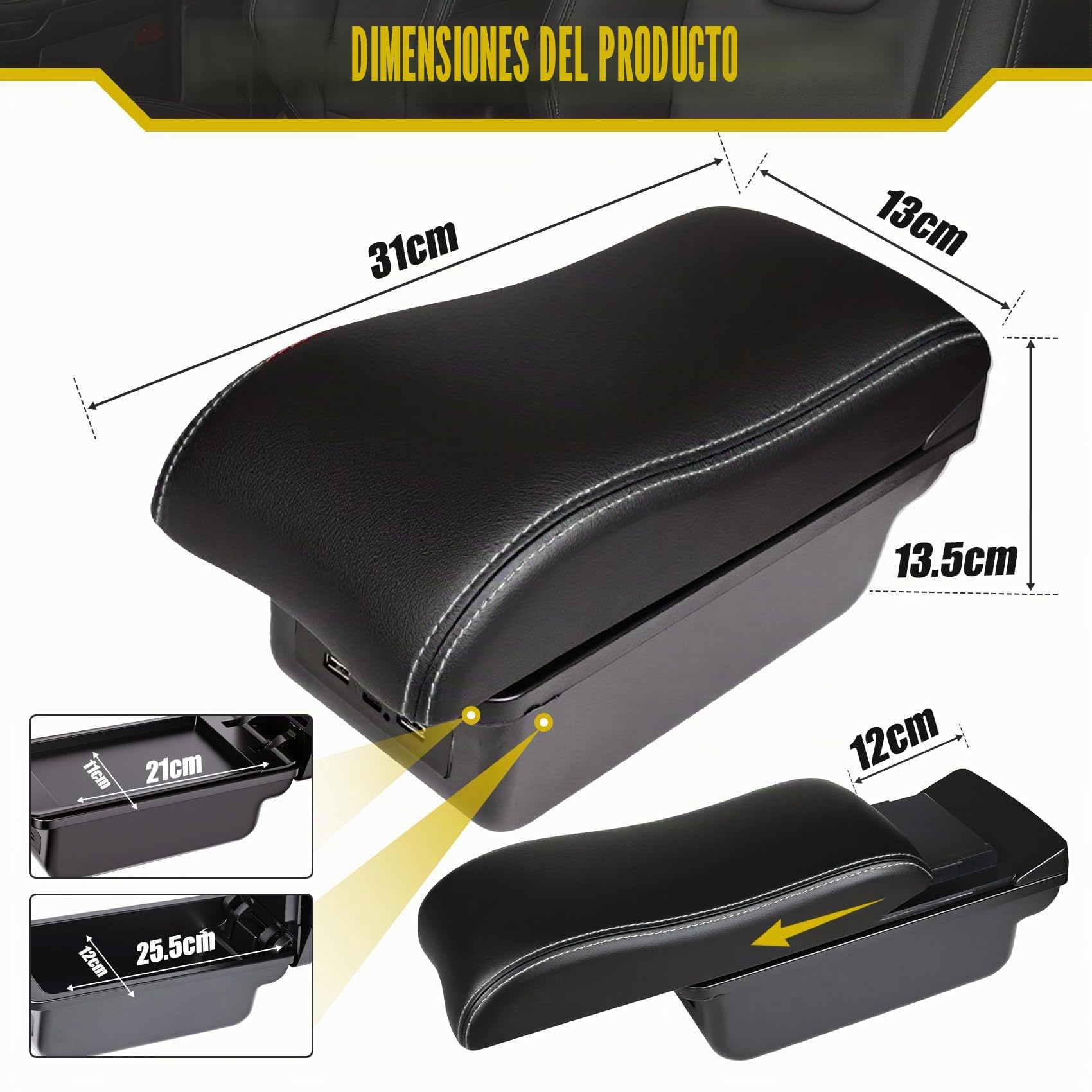 Apoyabrazos Para Peugeot 2008/208 (2019-2024) Apoyabrazos Coche Consola Reposabrazos Central Negro Cuero Caja con conexión USB