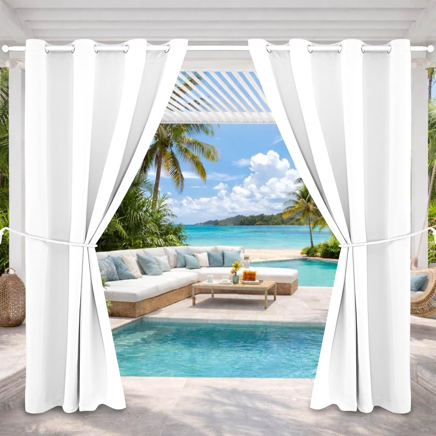 DIVA EN CAMINO DEC Outdoor Patio Curtain Waterproof Darkening Thermal Insulated Indoor Curtains for Bedroom, Porch, Living Room, Pergola, Cabana, W52 x L95, Pure White, Set of 2 Panels