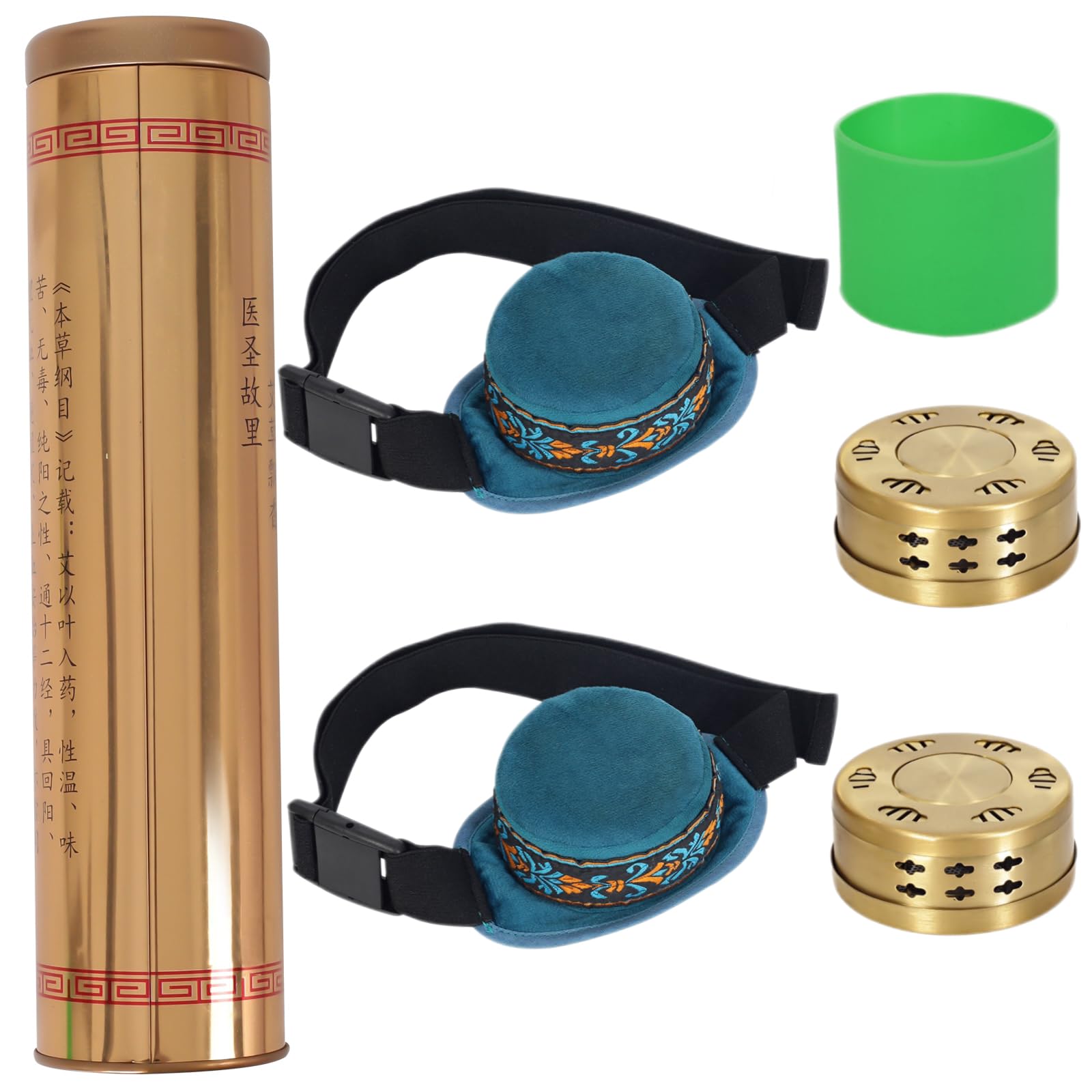 7 PCS Moxibustion Kit, 2 Smokeless Copper Moxa Boxes, 2 Premium Smoke Filter Bags, 1 Multifunctional Moxa Stick Tank, 1 Insulation Sleeve for Moxa Stick Tank, 1 English and Chinese Guide