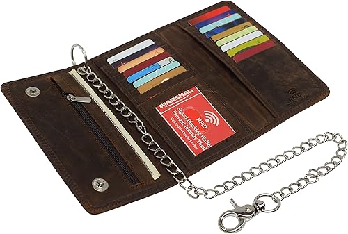 Miniatura 5 de CAZORO Cartera de cadena de motocicleta de Estados Unidos para hombre, 100% piel auténtica natural, bloqueo RFID triple largo, organizador de dinero