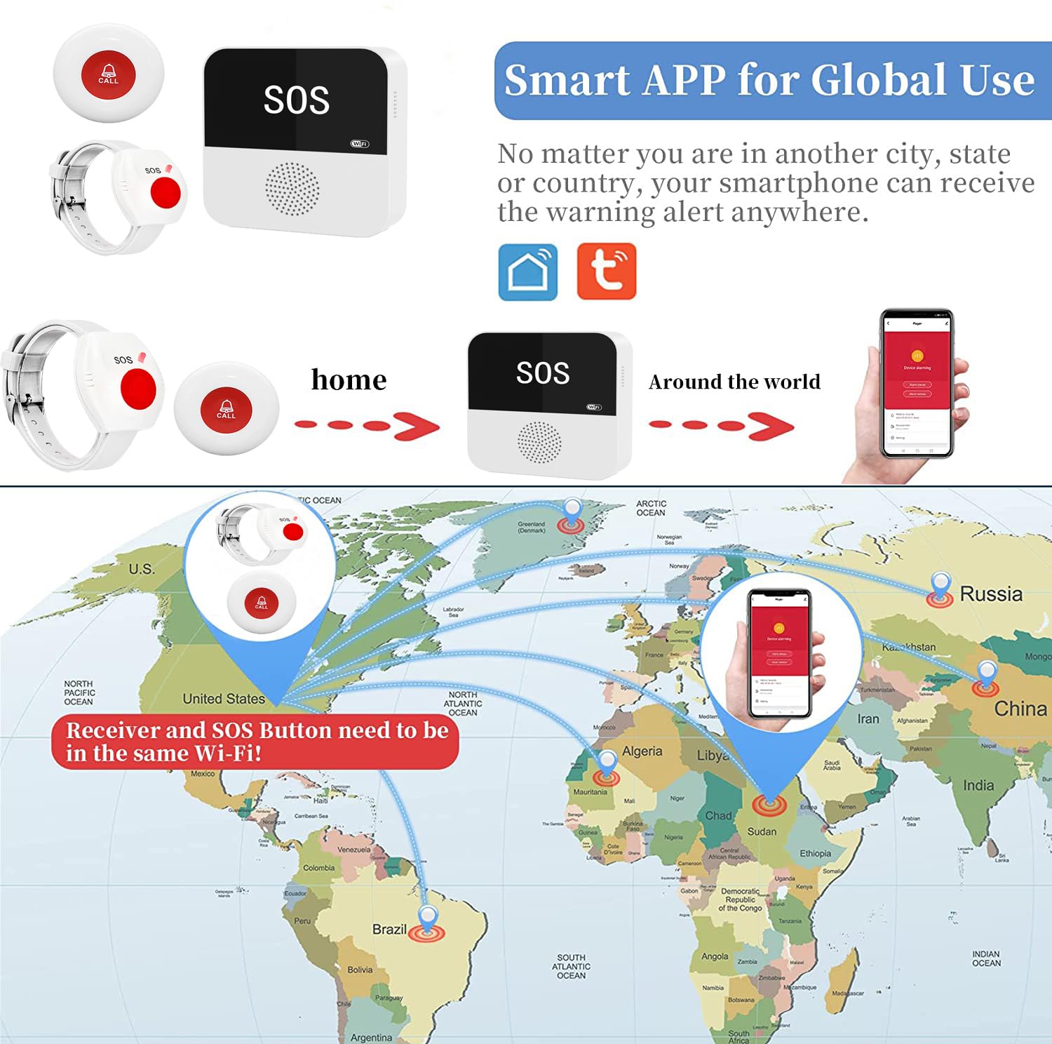 Sistema de botón de llamada para cuidadores WiFi, alerta de aplicación inteligente, botón de llamada de emergencia, alerta de ayuda personal en casa para pacientes mayores (solo compatible con WiFi de